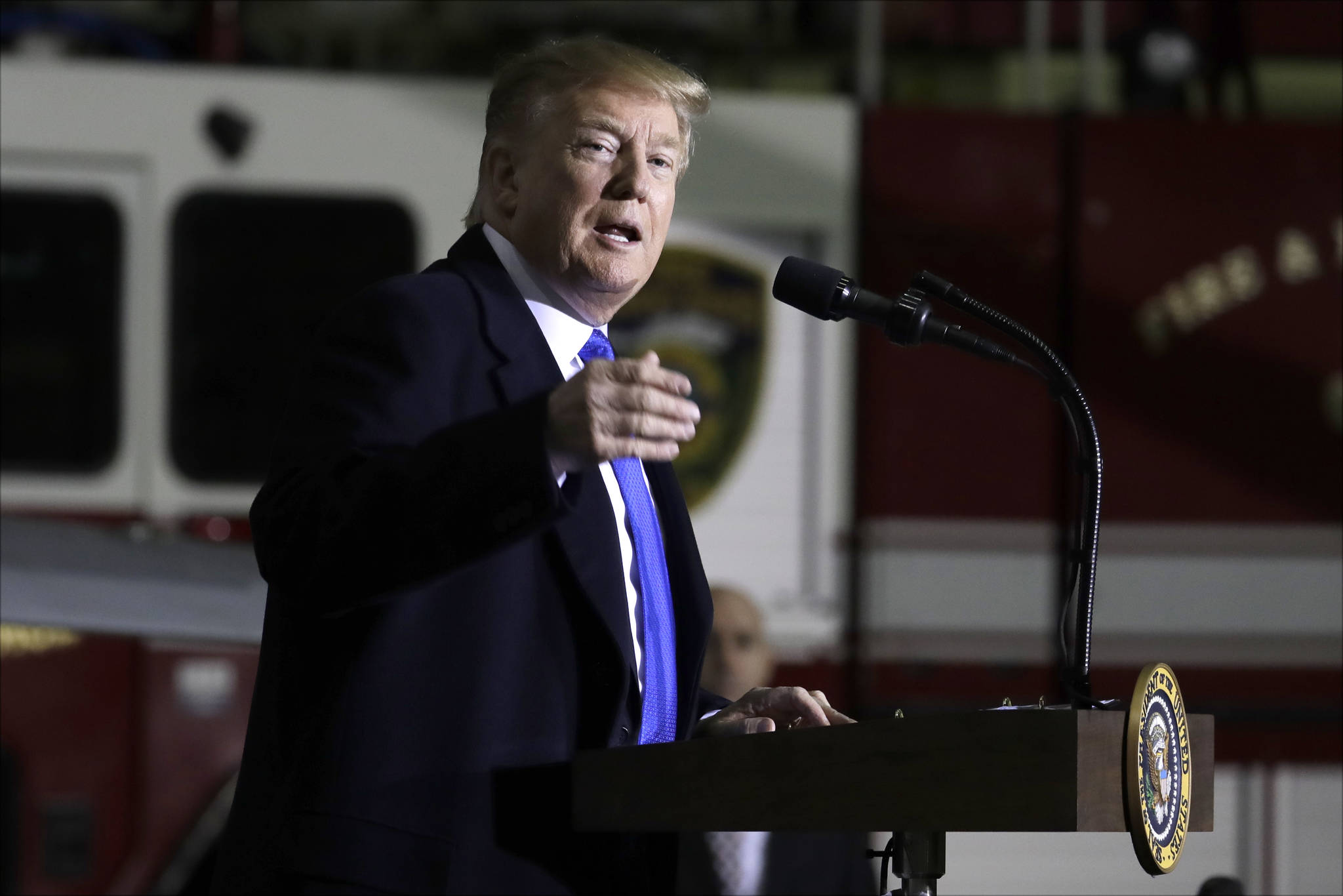 President Donald Trump speaks to service members at Joint Base Elmendorf-Richardson, Thursday, Feb. 28, 2019, in Anchorage, Alaska., during a refueling stop as he returns from Hanoi. (AP Photo/Evan Vucci)