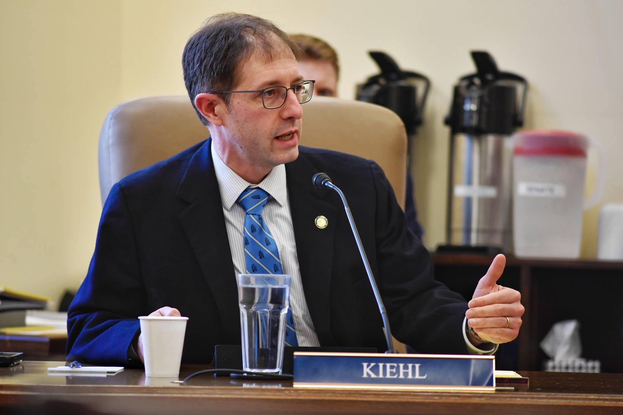 Sen. Jesse Kiehl, D-Juneau, introduces an amendment to SB 12, a crime bill, during a Senate Judiciary Committee meeting at the Capitol on Monday, March 4, 2019. (Michael Penn | Juneau Empire)