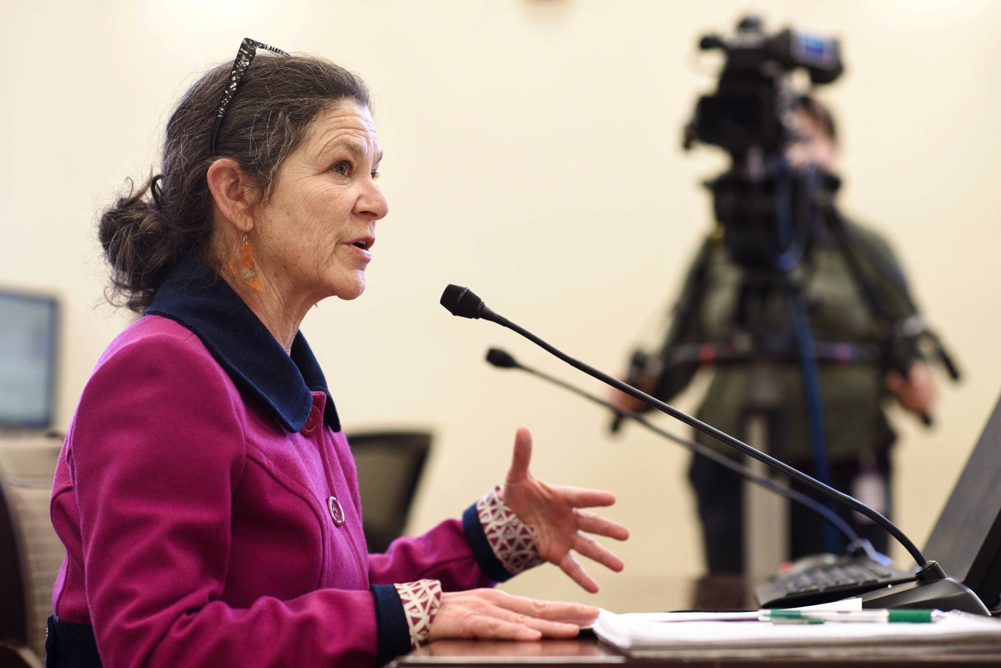 Carmen Lowry, Executive Director at Alaska Network on Domestic Violence and Sexual Assault, speaks to the Senate Judiciary Committee about SB 12, a crime bill, at the Capitol on Monday, March 4, 2019. (Michael Penn | Juneau Empire)
