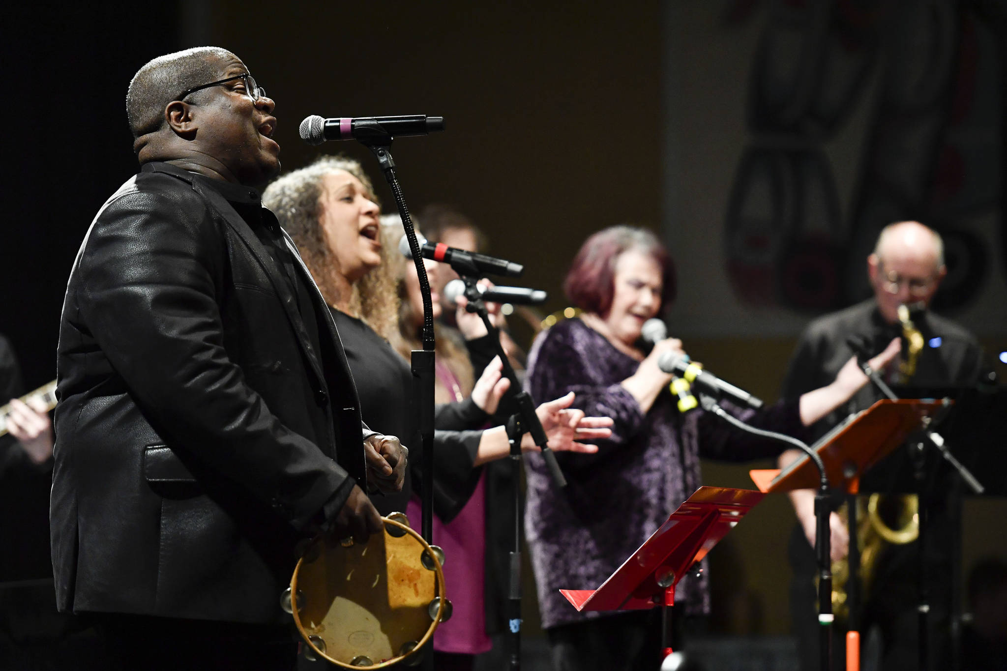 Bobby Lewis, left, and Jaunelle Celaire sing during the performance of “Motown for Our Town” at the Juneau Arts & Culture Center on Friday, March 1, 2019. (Michael Penn | Juneau Empire)