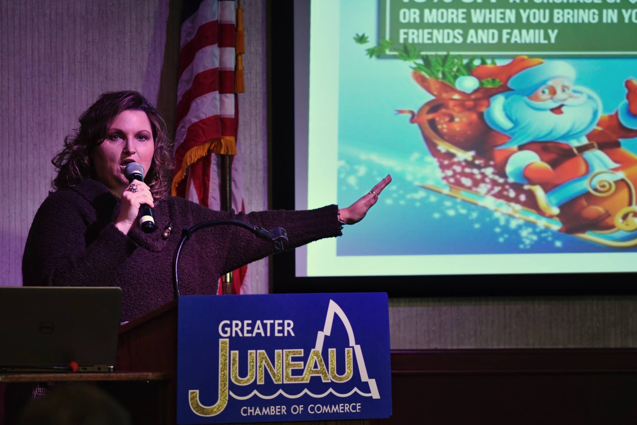 Jo McGuire, Senior Project Manager of Tongass Substance Screening Inc., speaks to the Juneau Chamber of Commerce during their weekly luncheon at Hangar Ballroom on Thursday, March 7, 2019. (Michael Penn | Juneau Empire)