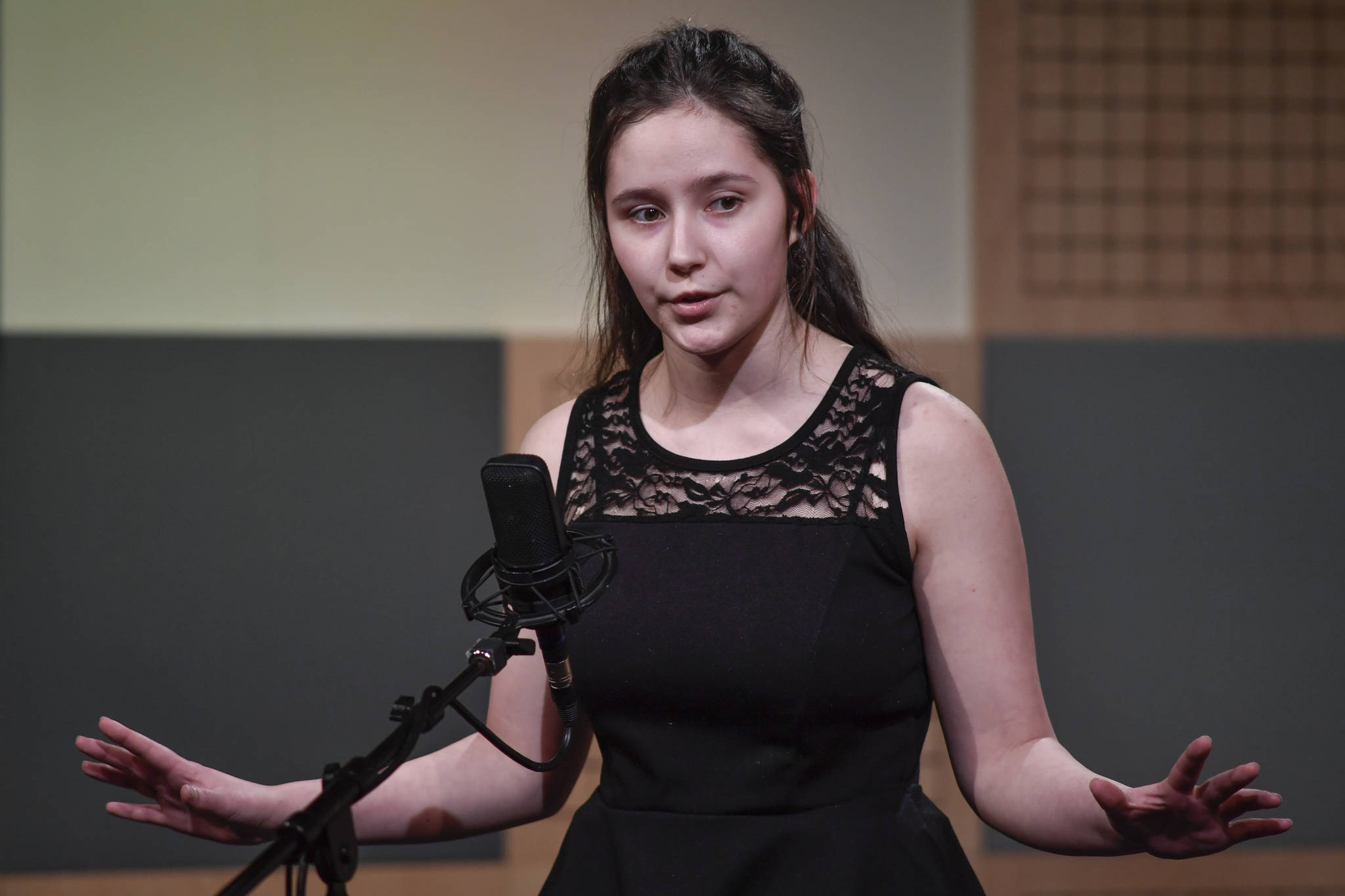 Morgan Blackgoat of Thunder Mountain High School recites one of her three poems at the annual Poetry Out Loud State Championships held at KTOO’s @360 Studio on Thursday, March 7, 2019. Blackgoat was one of the top four finalists. (Michael Penn | Juneau Empire)