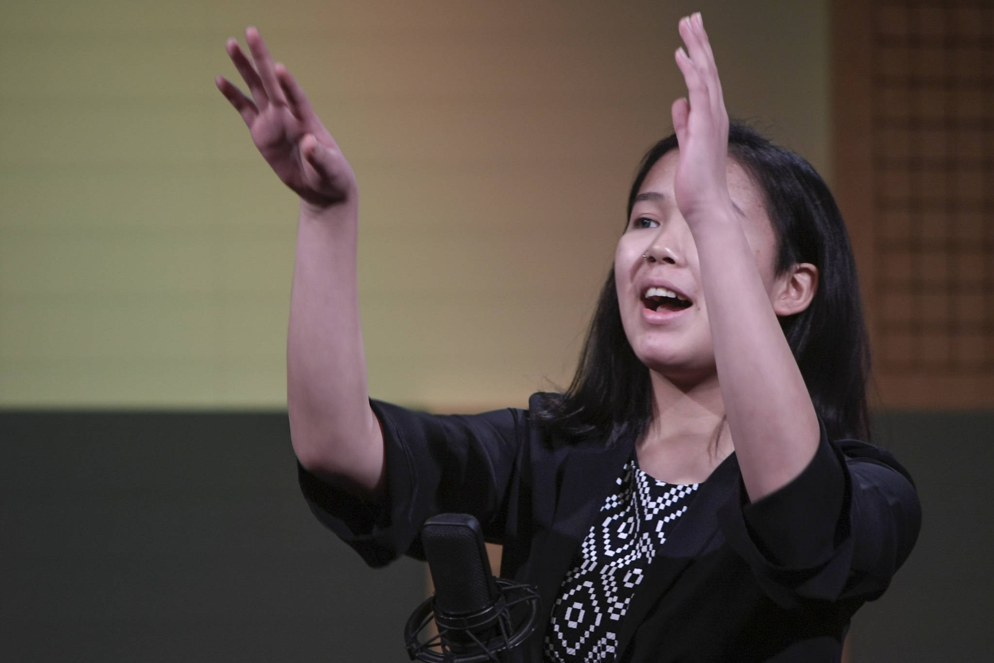 Florence Sarren of Frank A Degnan High School in Unalakleet recites one of her three poems at the annual Poetry Out Loud State Championships held at KTOO’s @360 Studio on Thursday, March 7, 2019. (Michael Penn | Juneau Empire)