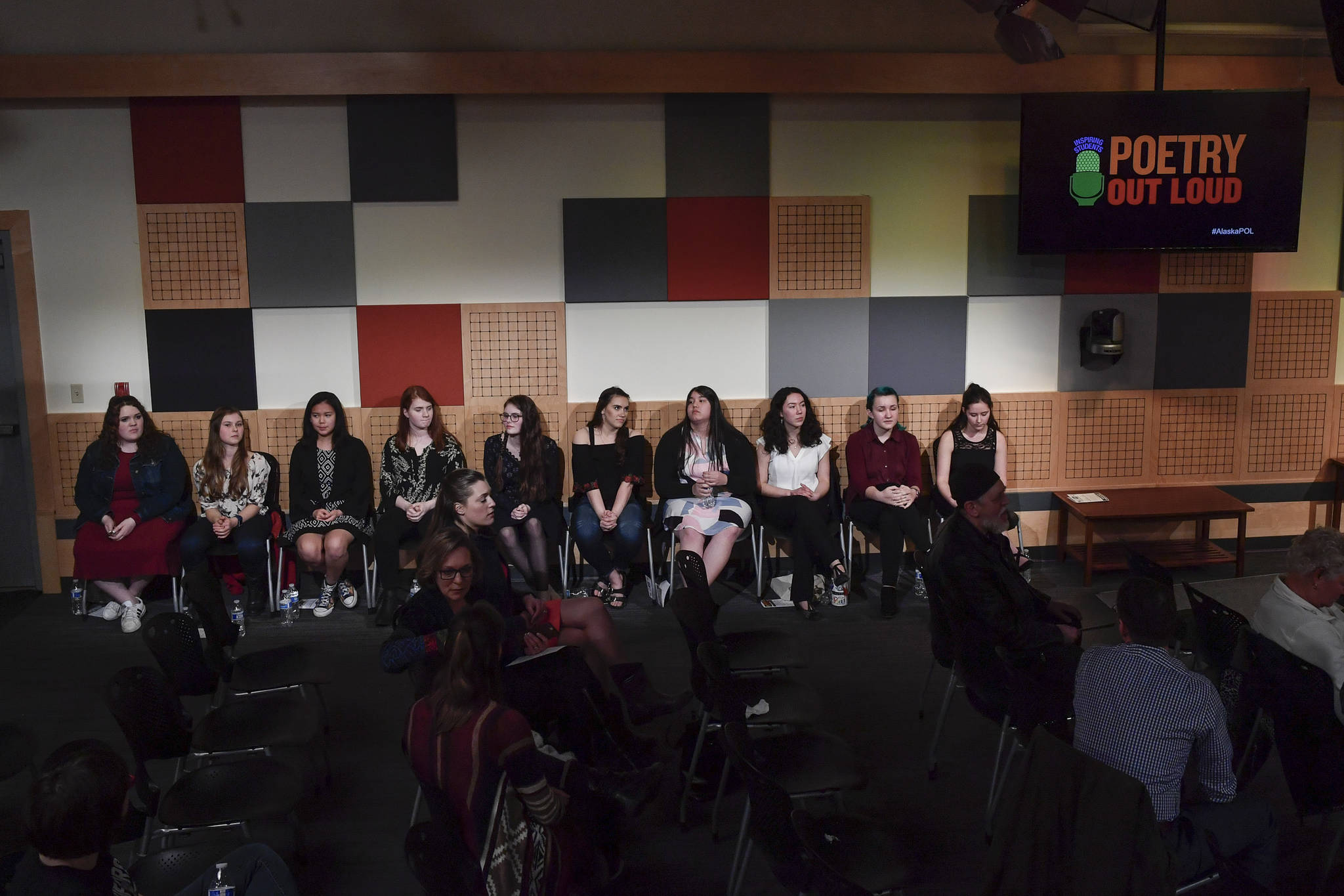 Ten contestants wait for one of three rounds at the annual Poetry Out Loud State Championships held at KTOO’s @360 Studio on Thursday, March 7, 2019. (Michael Penn | Juneau Empire)
