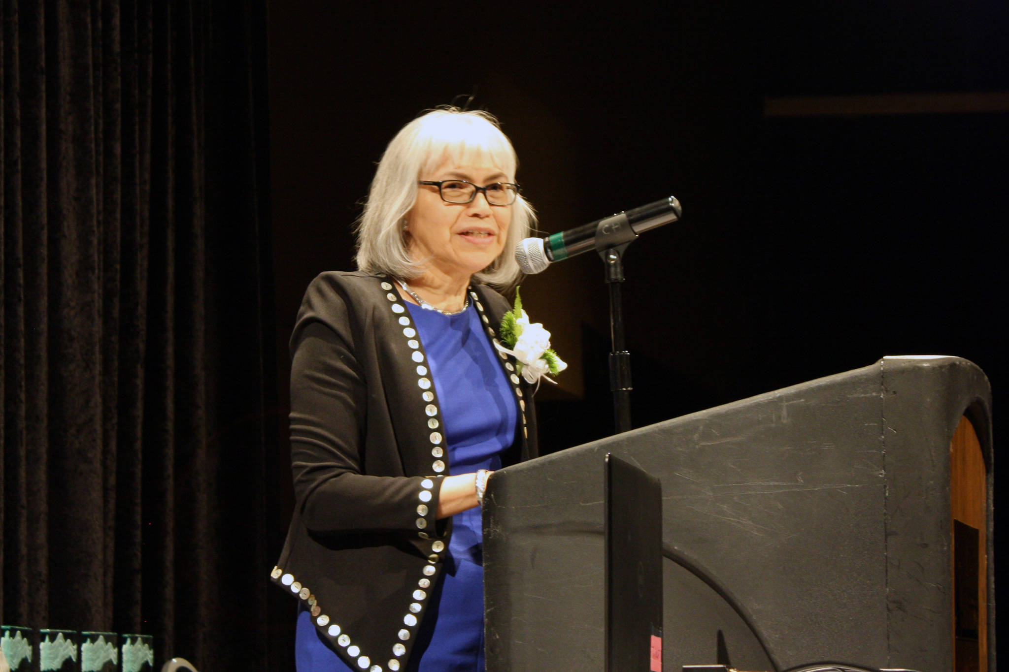 Francine Eddy Jones speaks during the Woman of Distinction 2019 Celebration Saturday, March 9, 2019 at Centennial Hall. During her speech she spoke about the important roles her parents, family and colleagues have played in her life. Jones also spoke about the impact Alaska Native value had on her life. (Ben Hohenstatt | Capital City Weekly)