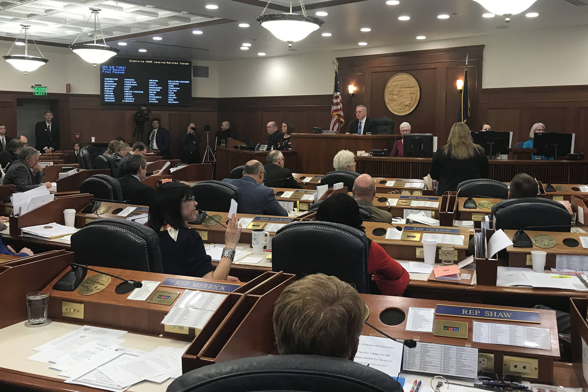 The Alaska House of Representatives discusses a joint resolution urging lease sales in the Arctic National Wildlife Refuge on March 11, 2019. (Mollie Barnes | Juneau Empire)