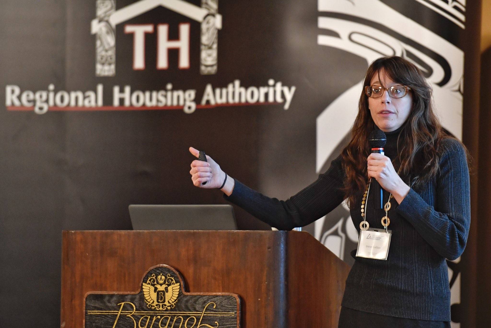 Irene Gallion, housing and homelessness services coordinator for the City and Borough of Juneau, speaks at the Southeast Housing Summit at the Baranof Hotel on Wednesday, March 13, 2019. The summit is a two-day program organized by the Tlingit and Haida Regional Housing Authority. (Michael Penn | Juneau Empire)