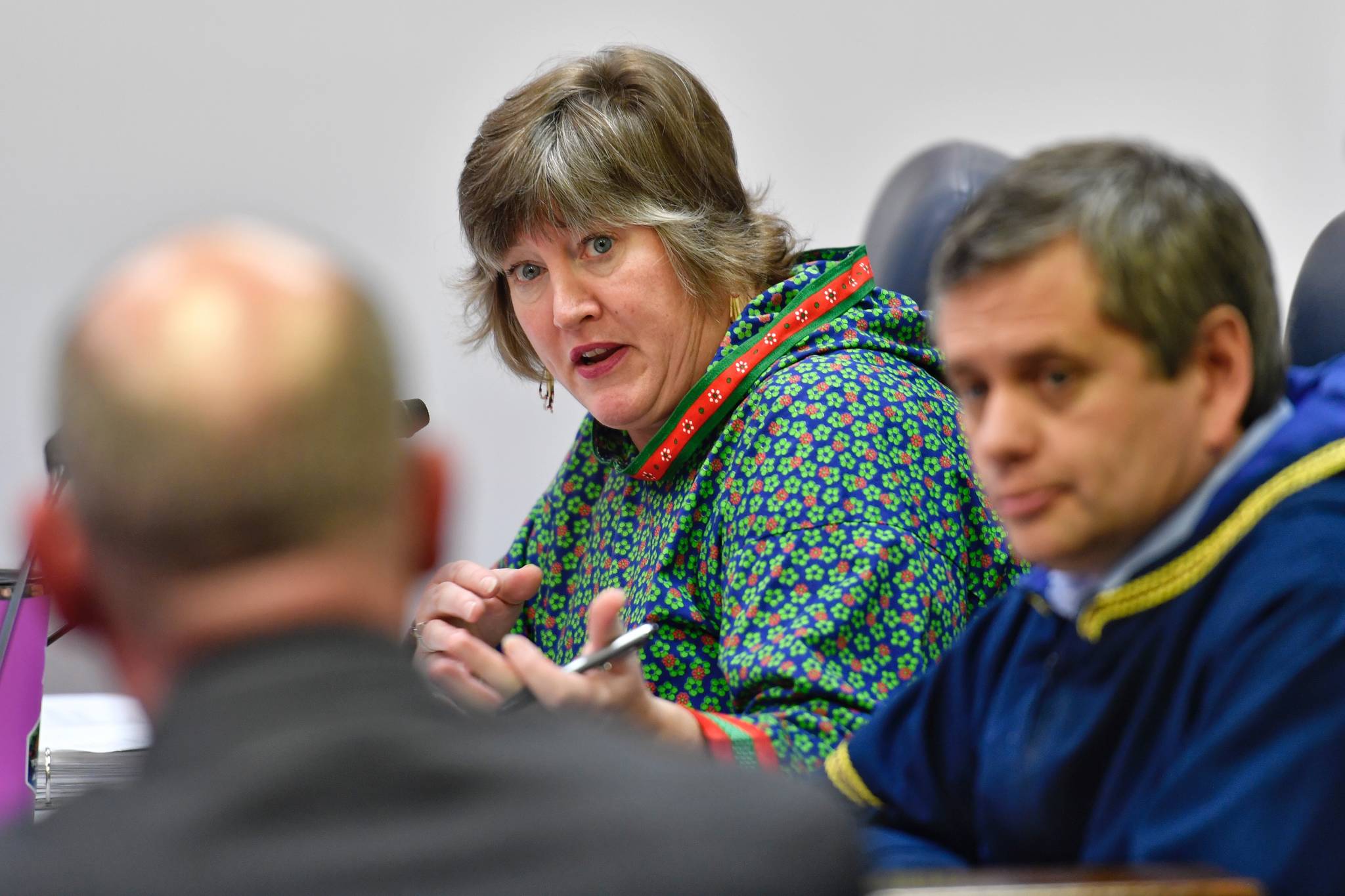 Rep. Sara Hannan, D-Juneau, center, asks a question of Jason Brune, Commissioner designee for the Department of Conservation, as he speaks to the House Resources Committee at the Capitol on Friday, March 14, 2019. Rep. Chris Tuck, D-Anchorage, is left. (Michael Penn | Juneau Empire)