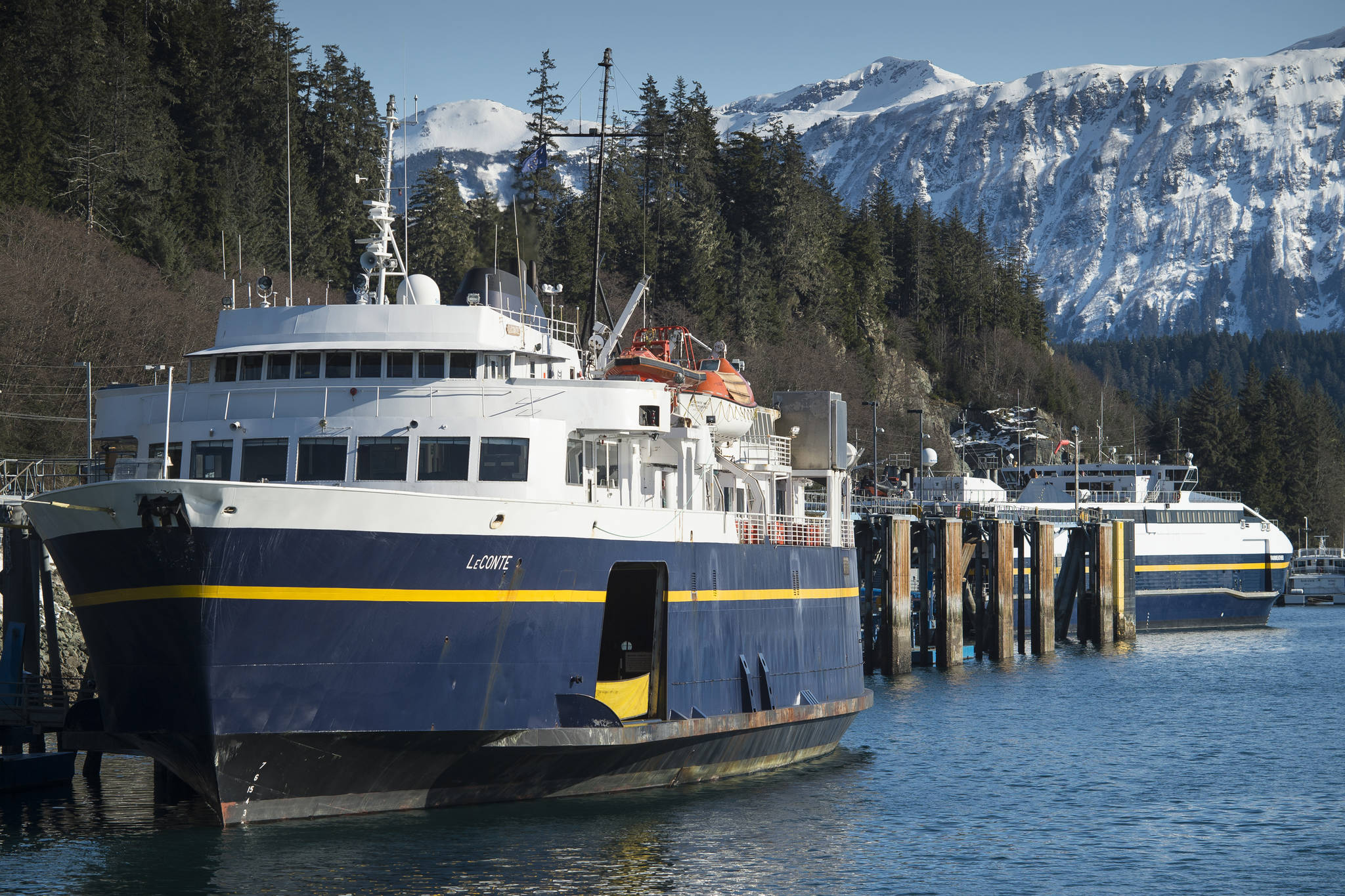 In this March 5, 2018 photo, the Alaska Marine Highway System ferries LeConte, left, and Fairweather are seen at the Auke Bay Terminal. (Michael Penn | Juneau Empire File)
