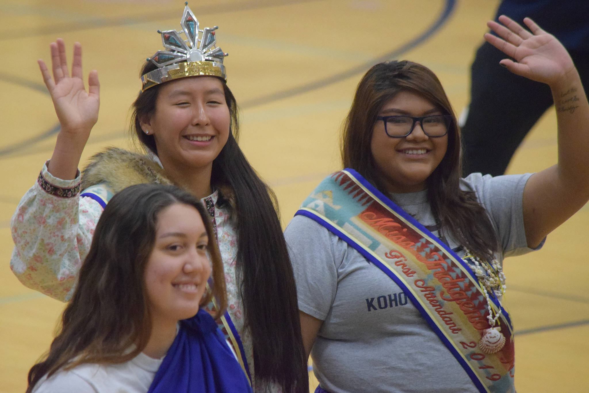Northern Arizona University’s Miss Indigenous Shondiin Mayo, center, greets the crowd at the 2019 Traditional Games at Thunder Mountain High School on Saturday, March 16, 2019. Mayo and several others from NAU are participating in the two-day event featuring the traditional games of the Alaska Native peoples. (Nolin Ainsworth | Juneau Empire)