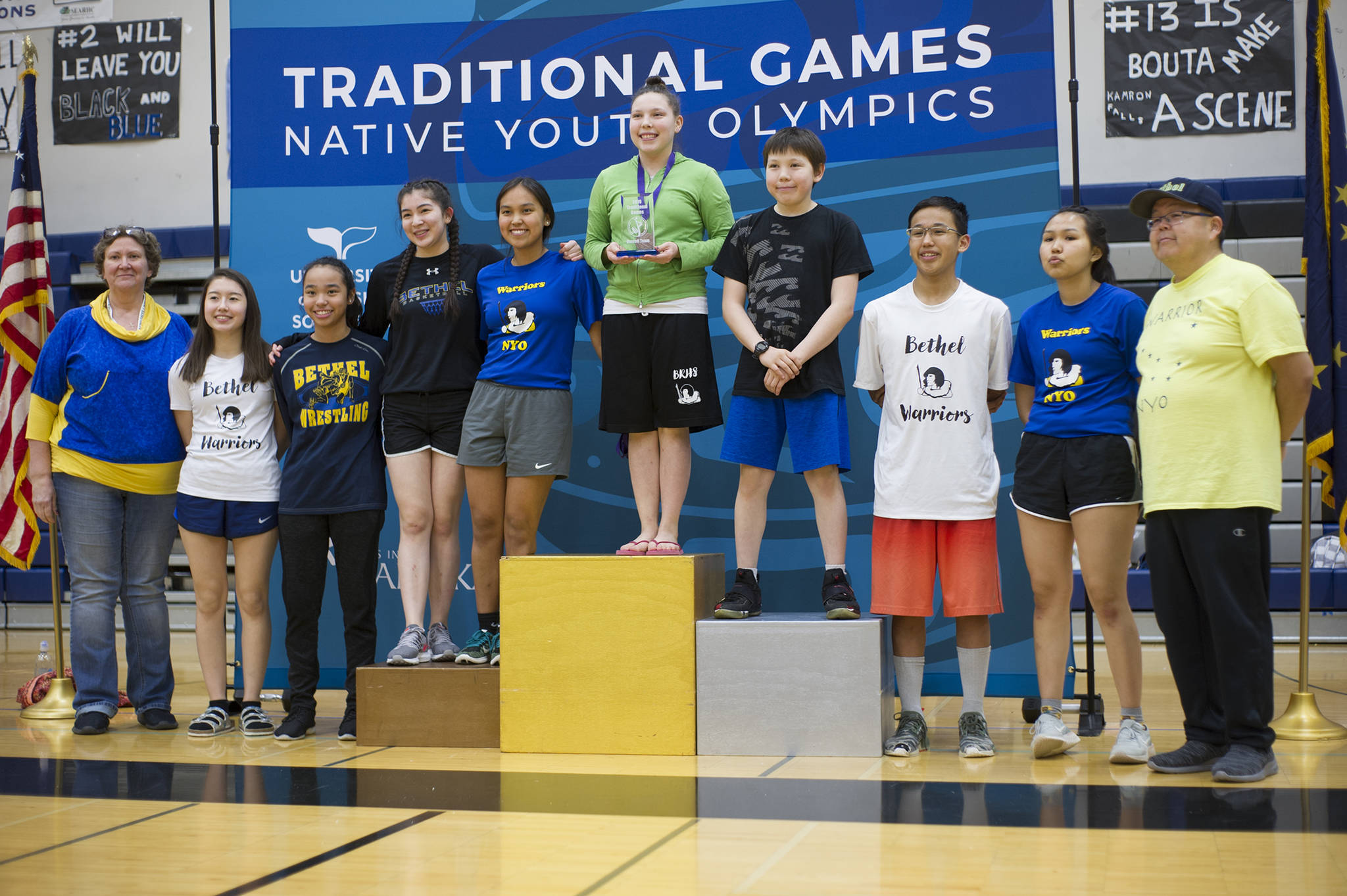 Bethel accepts the overall team award in the large schools category for the 2019 Traditional Games at Thunder Mountain High School on Sunday. Team Anchorage placed second with 104 points and Thunder Mountain placed third with 71 points. (Nolin Ainsworth | Juneau Empire)
