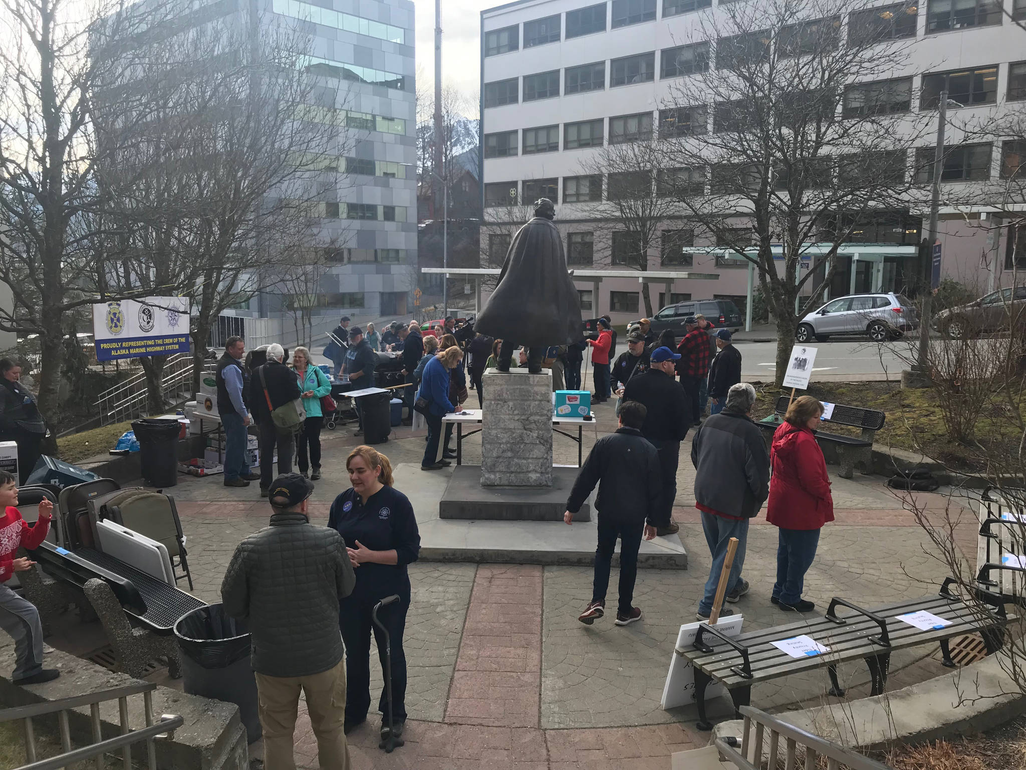 The scene in front of the Capitol on Wednesday, March 20, 2019 for the Alaska Public Employees Association’s Save the Alaska Marine Highway System rally. (Mollie Barnes | Juneau Empire)
