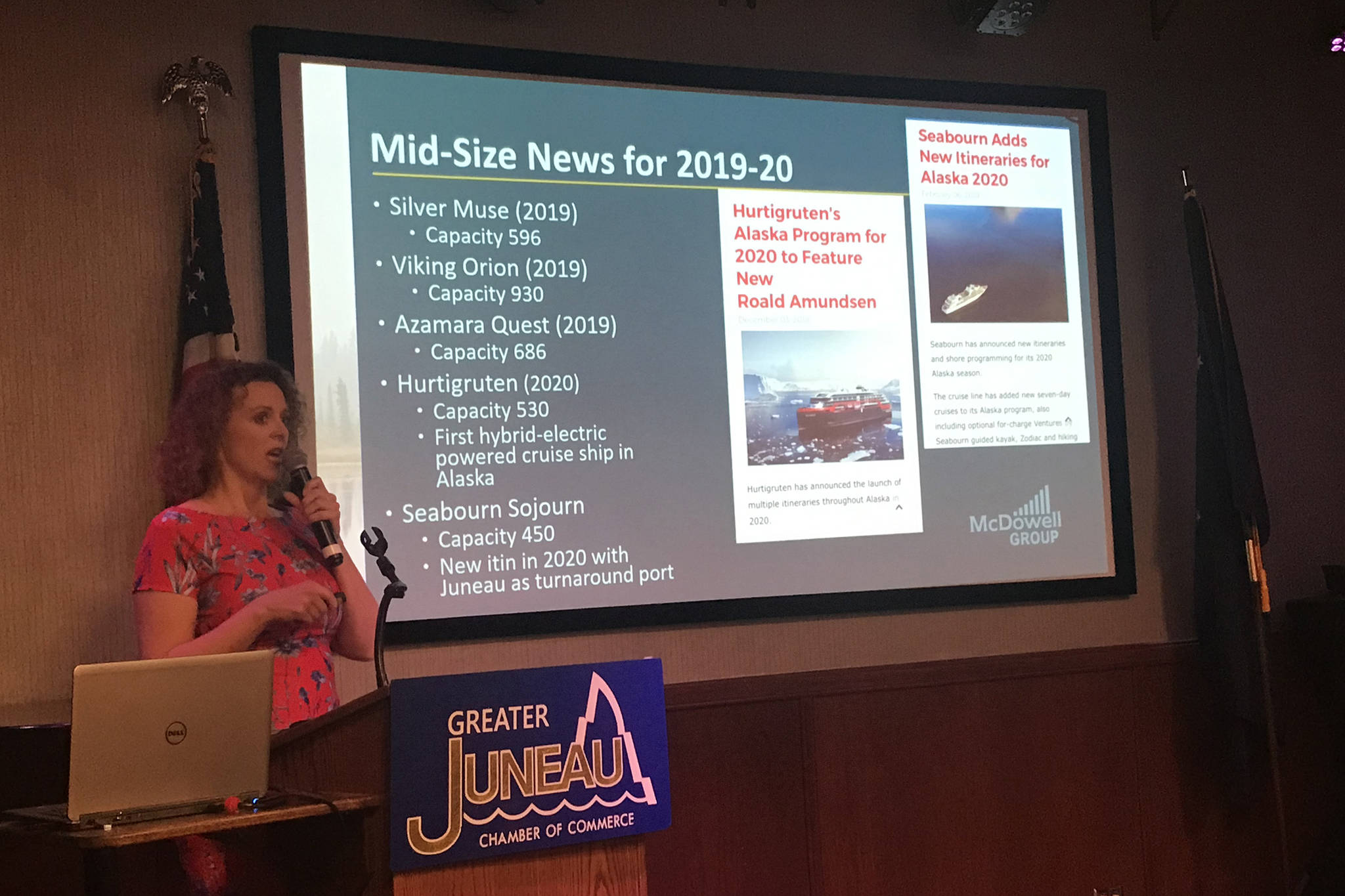 Heather Haugland, senior project manager at the McDowell Group speaks to the Juneau Chamber of Commerce about Travel Juneau survey results at a luncheon at the Hanger Ballroom on Thursday, March 21, 2019. (Mollie Barnes | Juneau Empire)