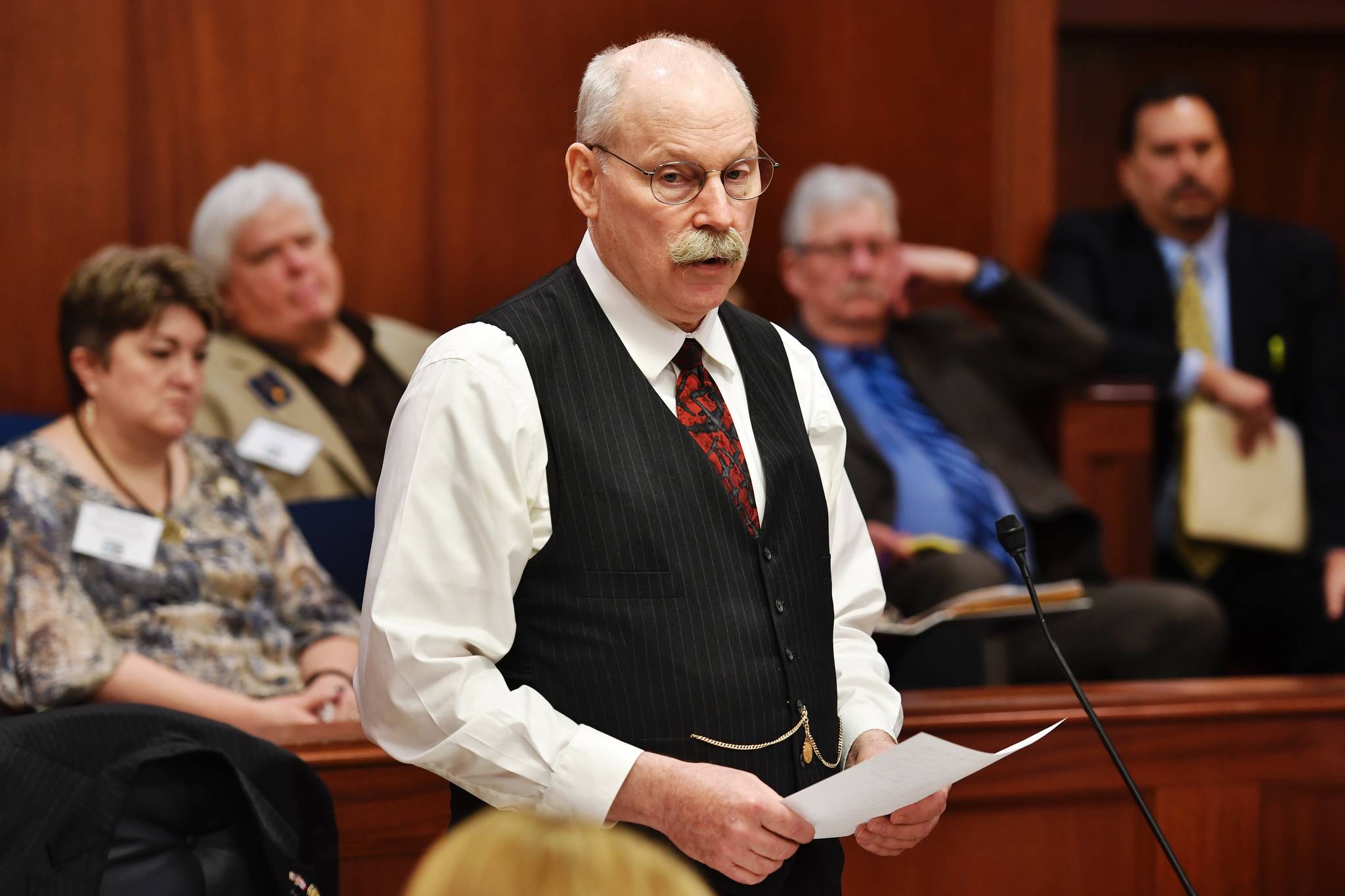 Sen. Bert Stedman, R-Sitka, speaks about CSSB 38, a supplemental appropriation bill for earthquake relief, during a Senate floor session at the Capitol on Monday, March 25, 2019. The $130 million bill passed unanimously. (Michael Penn | Juneau Empire)