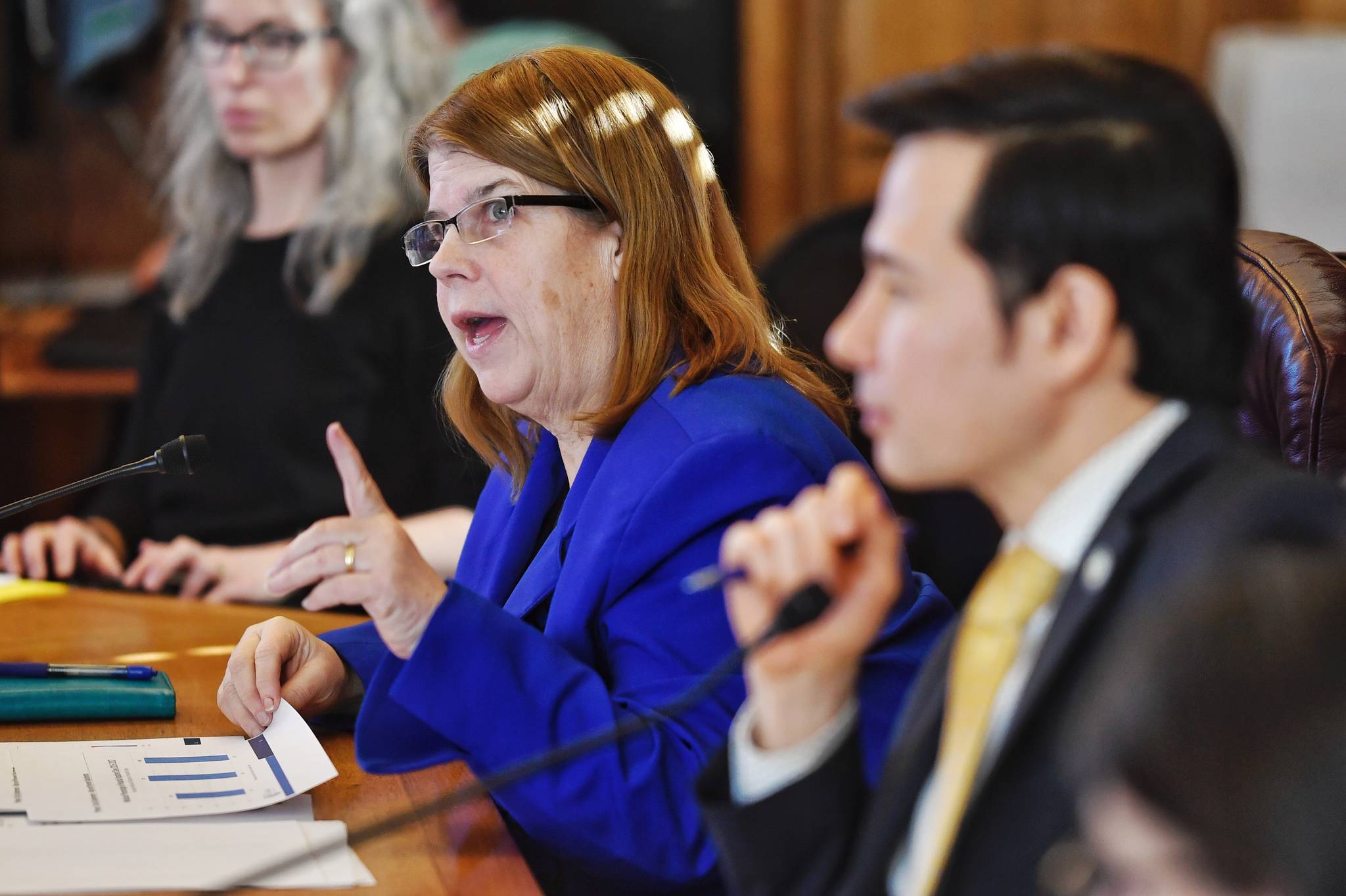 House Finance Committee Co-Chair Rep. Tammie Wilson, R-North Pole, asks a question during the Department of Health and Social Services overview of the budget for Medicaid Services to the committee on Wednesday, March 27, 2019. Co-Chair Rep. Neal Foster, D-Nome, is next to Wilson. (Michael Penn | Juneau Empire)