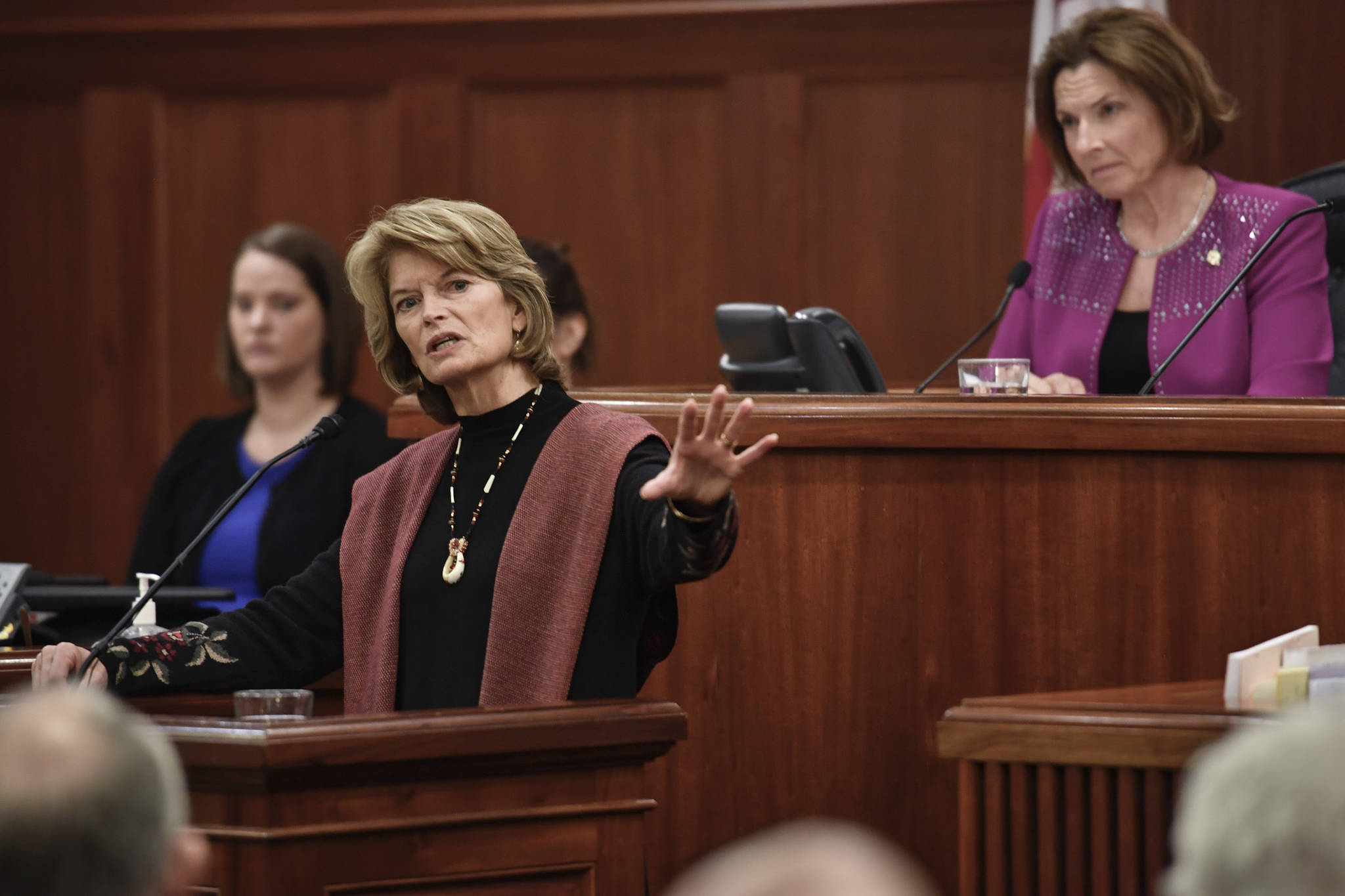 In this Feb. 19, 2019 photo, U.S. Sen. Lisa Murkowski, R-Alaska, delivers her annual speech to a Joint Session of the Alaska Legislature as Senate President Cathy Giessel, R-Anchorage, looks on. (Michael Penn | Juneau Empire File)