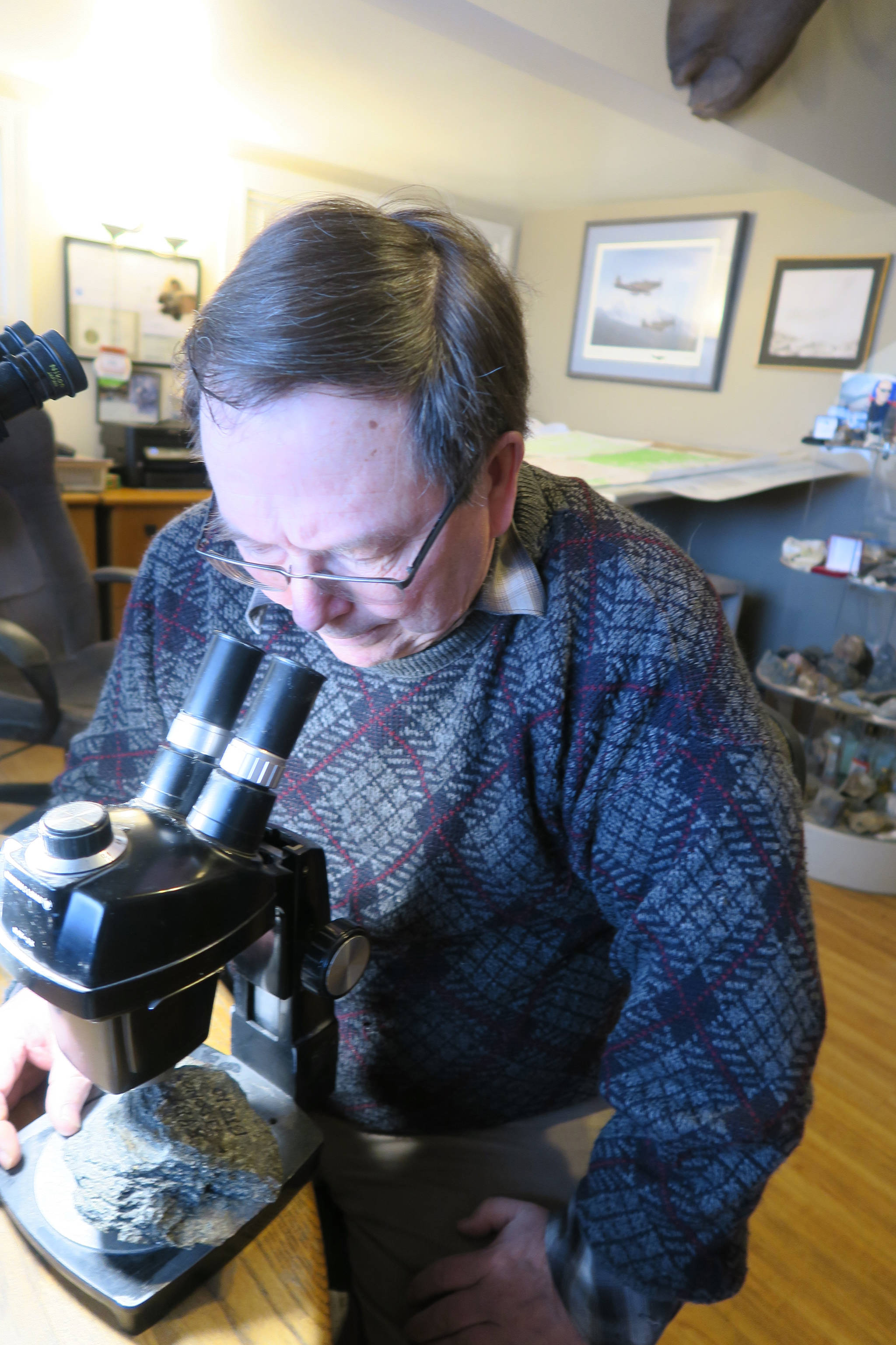 Geologist Tom Bundtzen uses a binocular microscope to look at one of the oldest rocks in Alaska, which formed more than 2 billion years ago and was found near Iditarod. (Courtesy Photo | Cheryl Bradley)