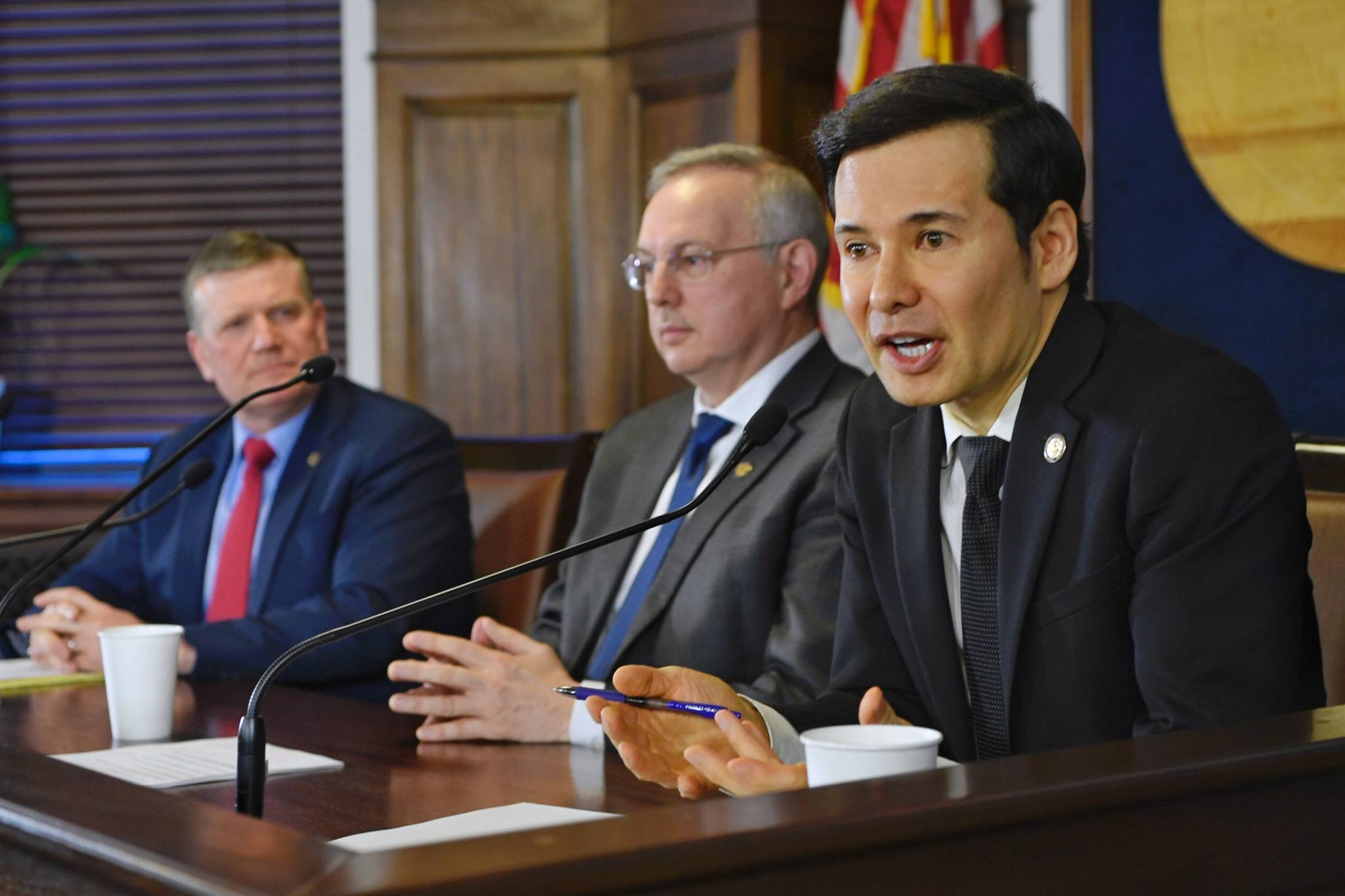 Finance Committee co-chair Rep. Neal Foster, D-Nome, right, speaks during a House Majority press conference at the Capitol on Thursday, March 28, 2019. Also shown are Speaker of the House Bryce Edgmon, I-Dillingham, center, and Rep. Chuck Kopp, R-Anchorage, Chair of the Rules Committee. (Michael Penn | Juneau Empire)