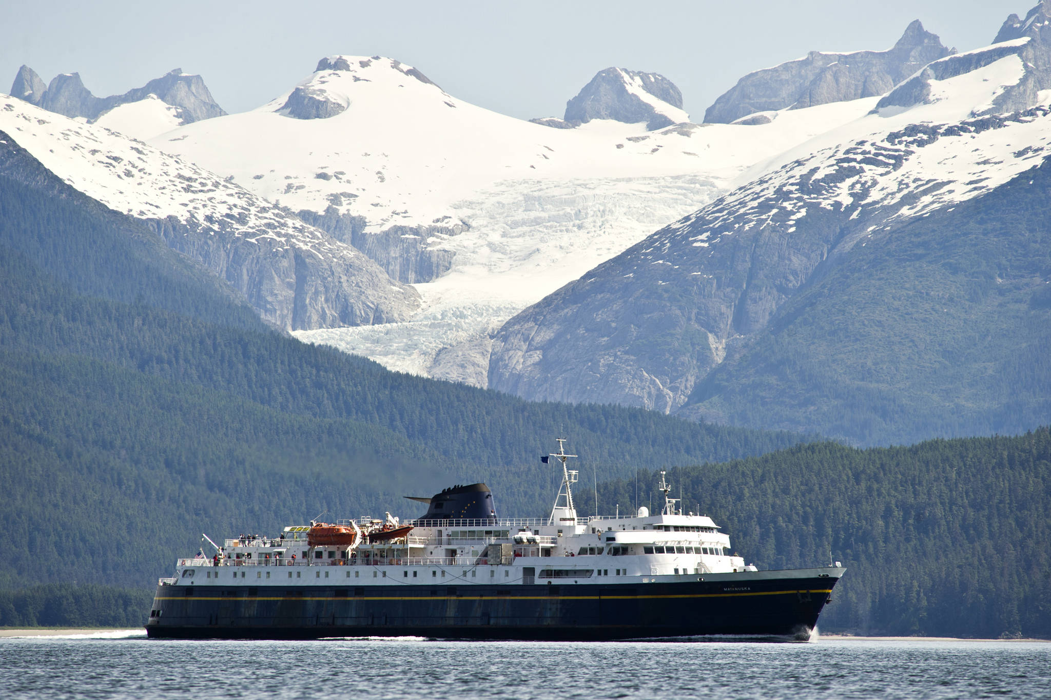In this June 23, 2016 photo, the Alaska Marine Highway’s ferry Matanuska passes Eagle Glacier. (Michael Penn | Juneau Empire File)