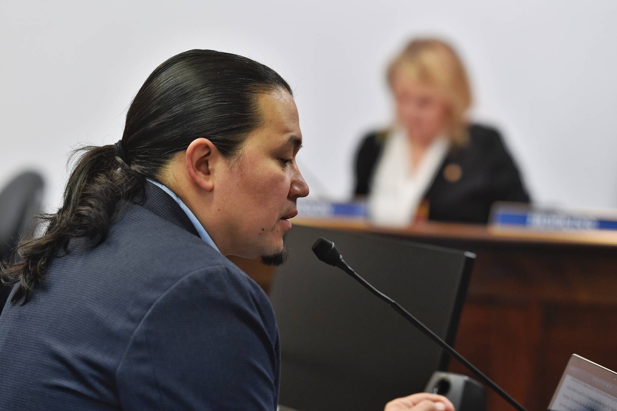 Lance Twitchell, Associate Professor of Alaska Native Languages at the University of Alaska Southeast, testifies in front of the House Education Committee in favor of House Bill 24 on Monday, April 1, 2019.