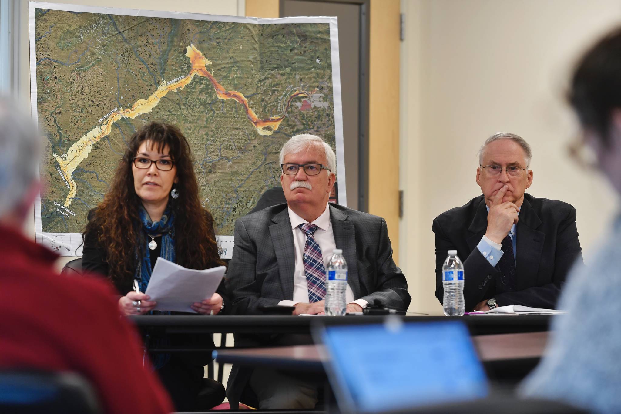 Gayla Hoseth, 2nd Chief of Curyung Tribal Council and Director of Natural Resources at Bristol Bay Native Association, left, Norman Van Vactor, CEO of the Bristol Bay Economic Development Corporation, center, and former Alaska legislator Rick Halford, present at a press conference against thePebble Mine project on Monday, April 1, 2019. (Michael Penn | Juneau Empire)
