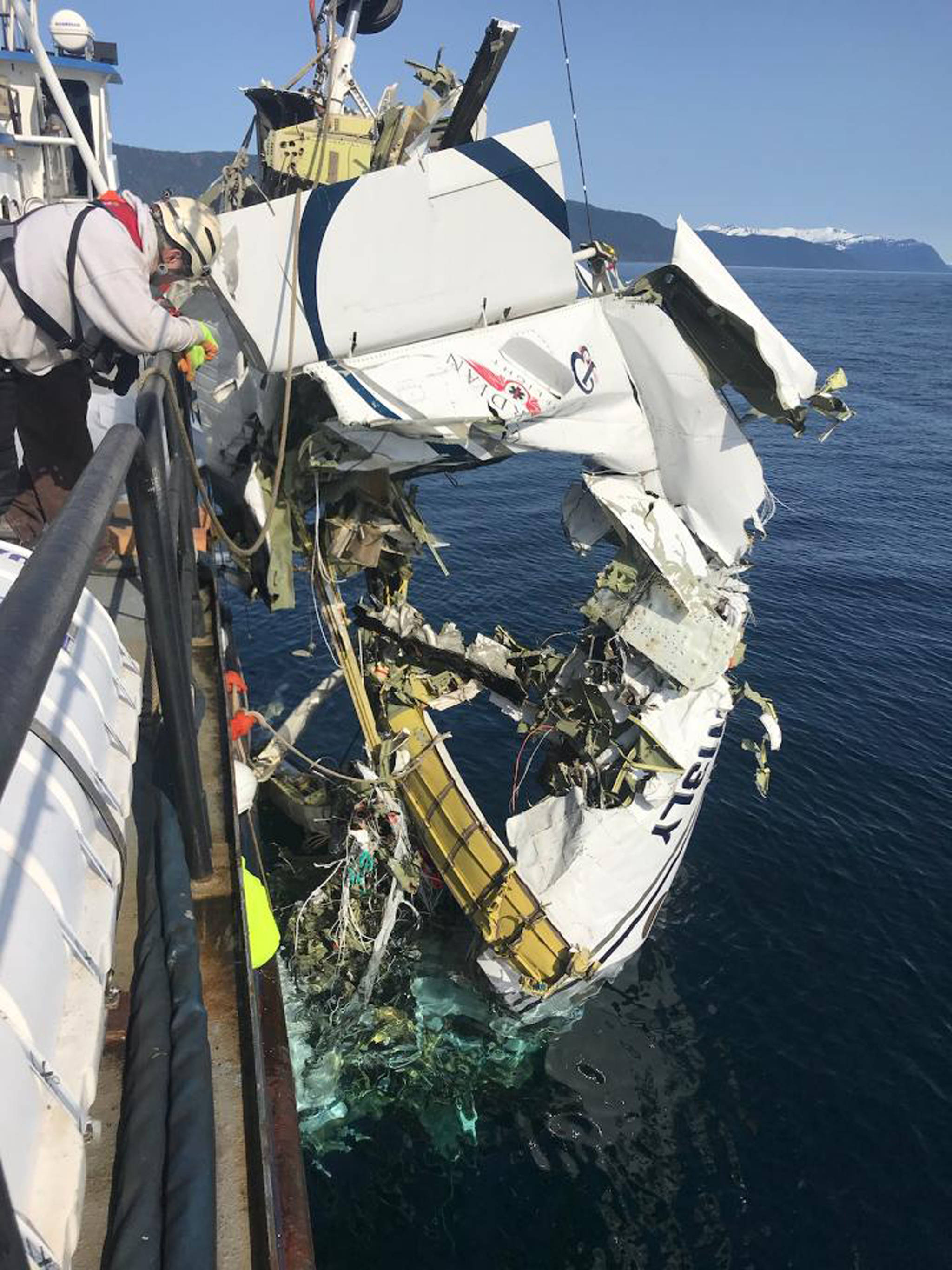 After an extensive underwater search, the wreckage of a Beechcraft B200 was recovered from the ocean waters of Fredrick Sound near Kake. Alaska. (Courtesy Photo | National Transportation Safety Board)