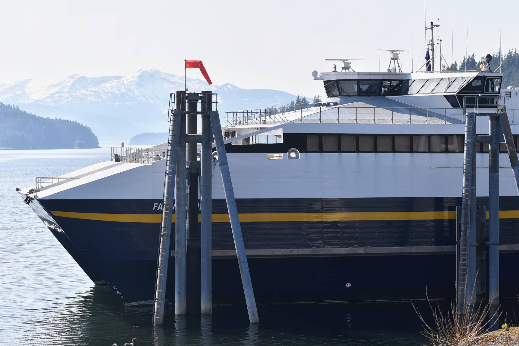 The Alaska Marine Highway System’s fast ferry Fairweather moored at its home terminal in Auke Bay in Tuesday, April 2, 2019. (Michael Penn | Juneau Empire)