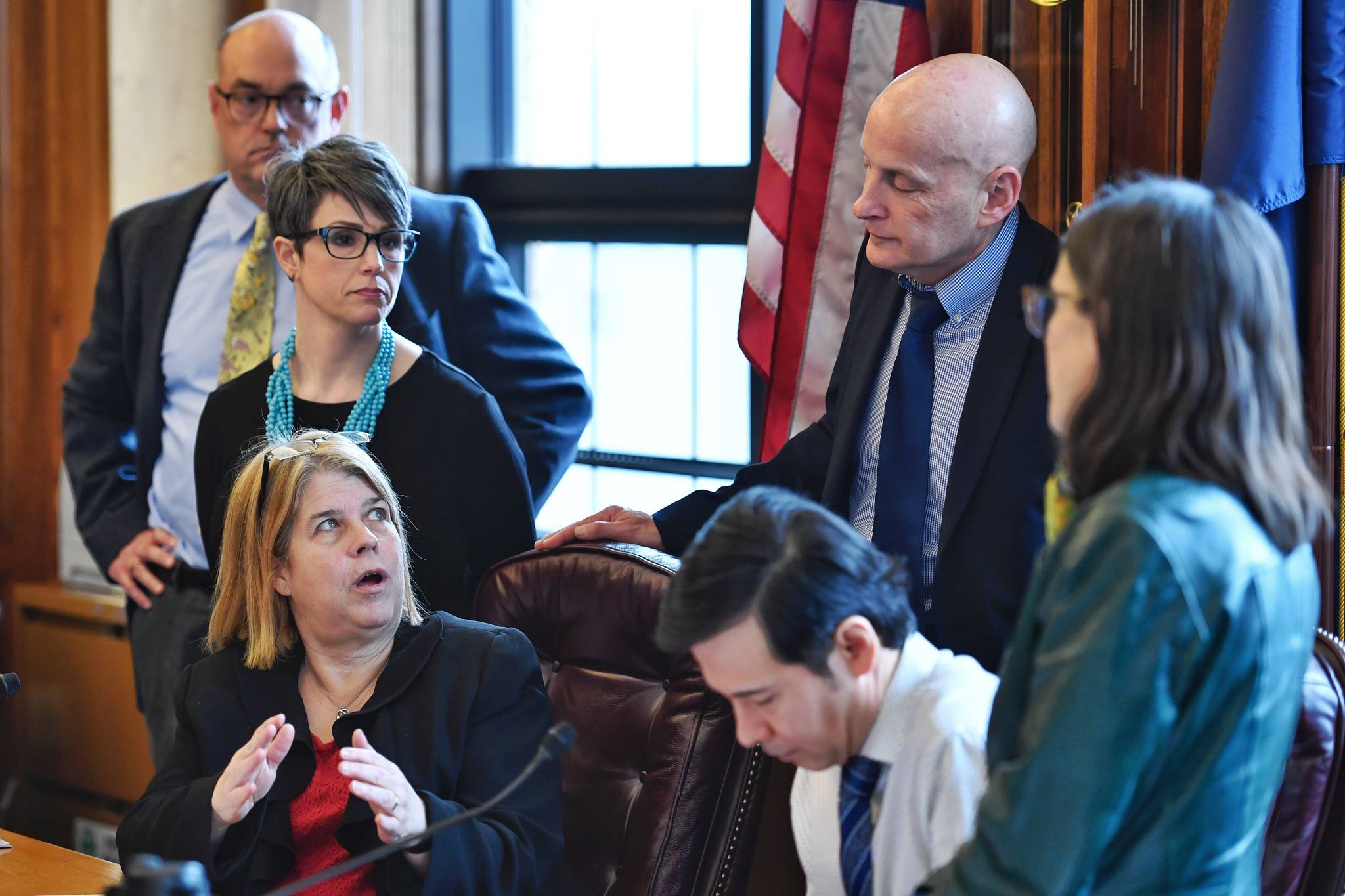 House Finance Committee members talk about an amendment to repeal the Ocean Ranger program during a committee meeting at the Capitol on Thursday, April 4, 2019. The Ocean Ranger program was approved through a voter ballot initiative in 2006. From left: Rep. Andy Josephson, D-Anchorage, Rep. Kelly Merrick, R-Eagle River, Co-Chair Tammie Wilson, R-North Pole, Co-Chair Neal Foster, D-Nome, Rep. Dan Ortiz, I-Ketchikan, and Rep. Jennifer Johnston, R-Anchorage. The amendment passed 8-3. (Michael Penn | Juneau Empire)