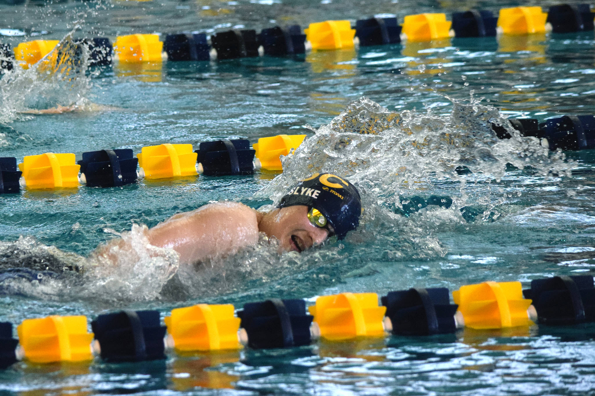 Glacier Swim Club’s Chaz VanSlyke swims the 500-yard freestyle on the second day of the Savannah Cayce Southeast Championships at the Dimond Park Aquatic Center on Saturday, April 6, 2019. (Nolin Ainsworth | Juneau Empire)