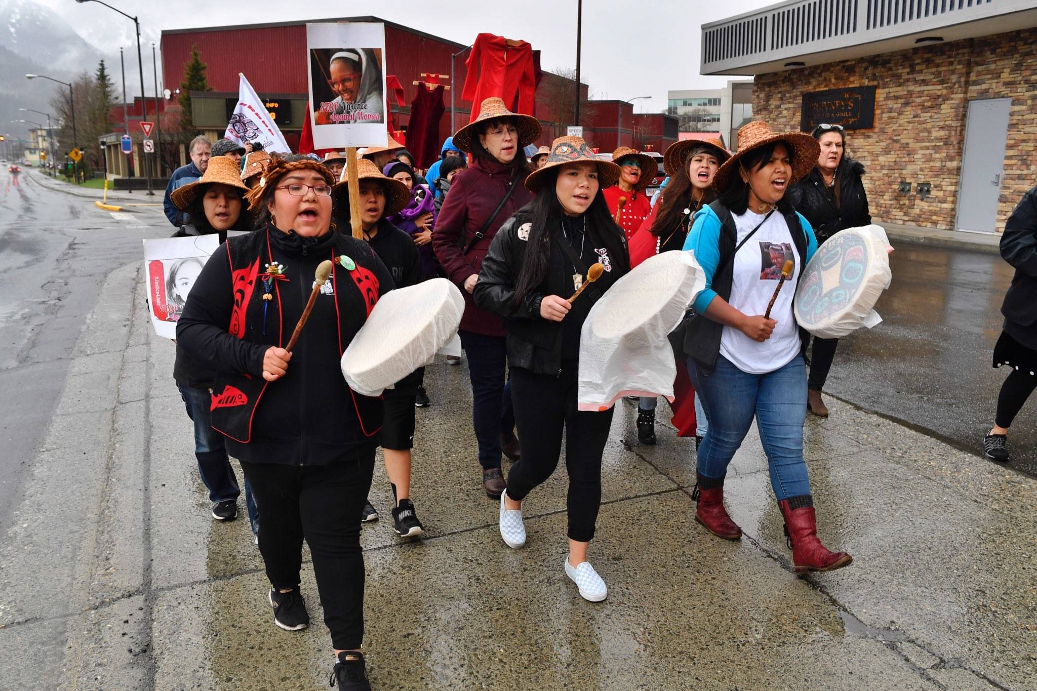 Drummers lead over one hundred people in a Violence Against Women Awareness march and rally from the Elizabeth Peratrovich Hall to Sealaska Plaza on Tuesday, April 9, 2019. (Michael Penn | Juneau Empire)