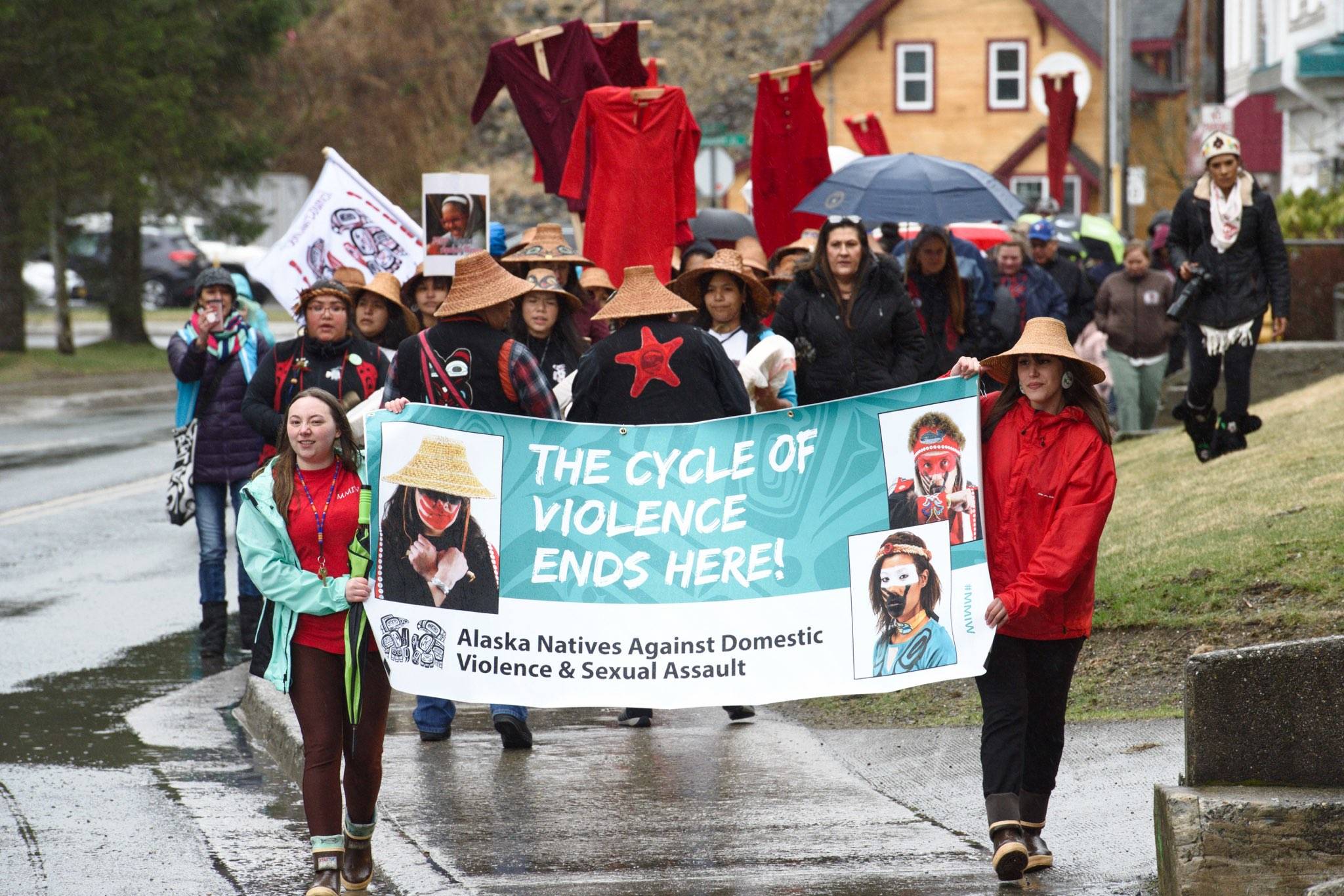 The second annual Central Council of the Tlingit and Haida Indian Tribes of Alaska’s Violence Against Women Awareness March and Rally makes its way from Elizabeth Peratrovich Hall to Sealaska Plaza on Tuesday, April 9, 2019. (Michael Penn | Juneau Empire)
