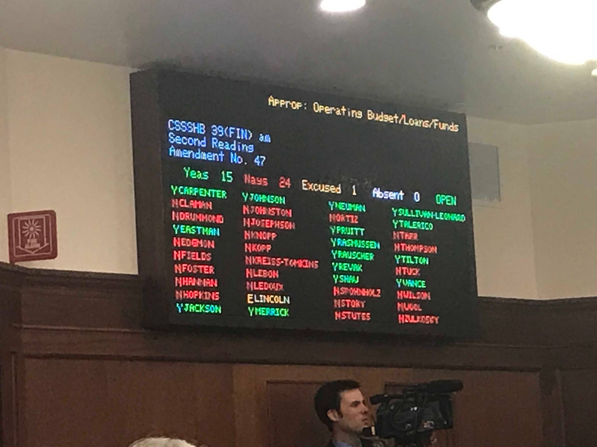 The board on the House floor shows a vote on an amendment that would have cut more than $40 million from the Alaska Marine Highway budget.