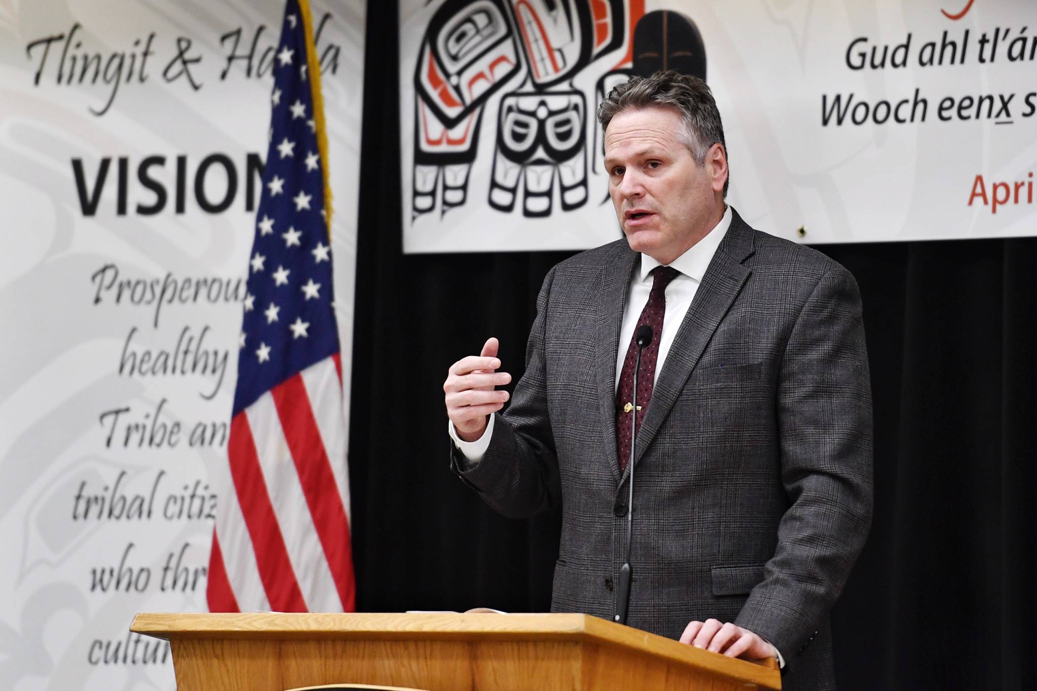 Gov. Mike Dunleavy delivers a speech to the 84th Annual Tribal Assembly of theCentral Council of the Tlingit and Haida Indian Tribes of Alaska at the Elizabeth Peratrovich Hall on Wednesday, April 10, 2019. (Michael Penn | Juneau Empire)