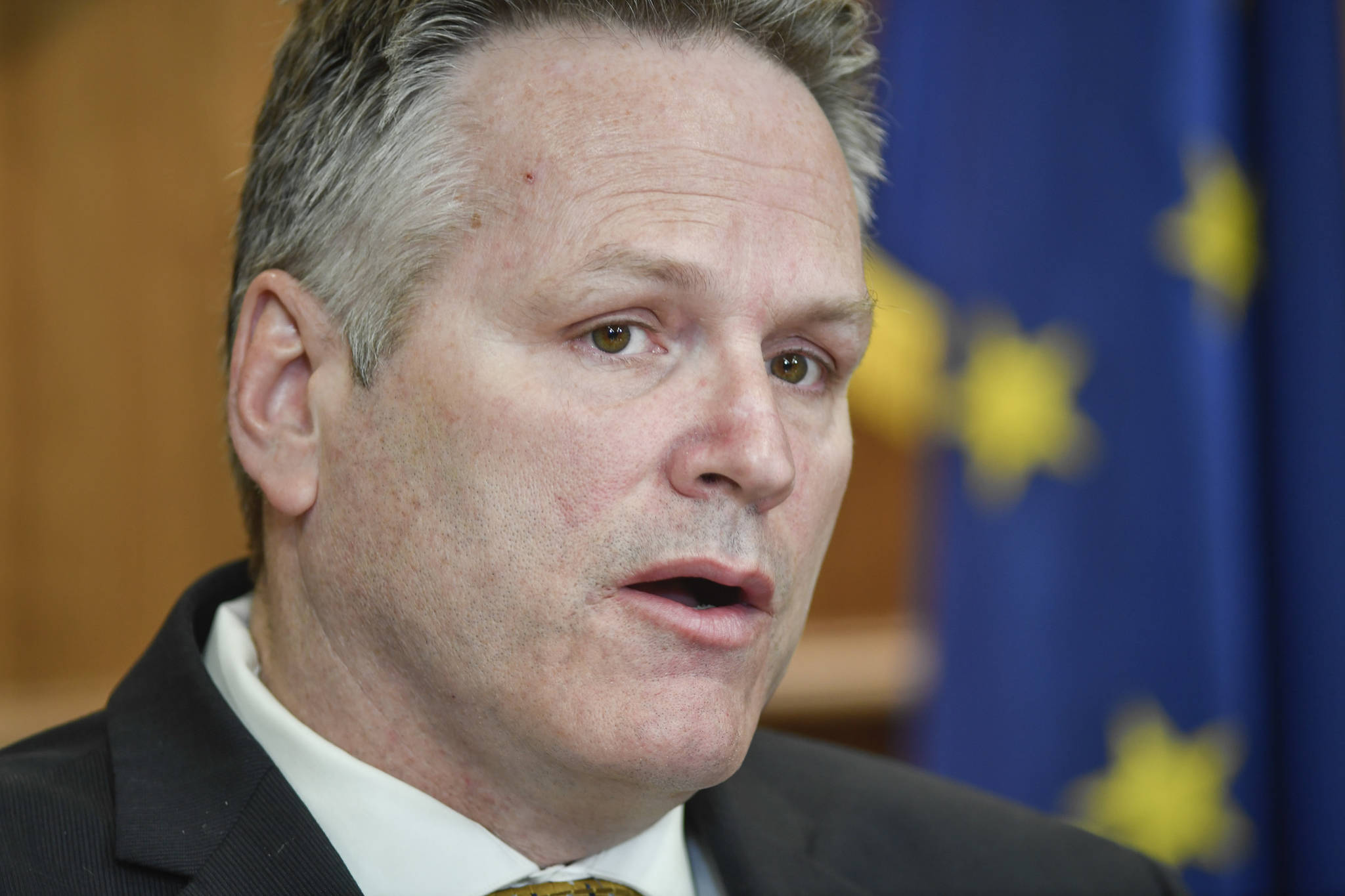 Gov. Mike Dunleavy holds a press conference at the Capitol on Tuesday, April 9, 2019. (Michael Penn | Juneau Empire)
