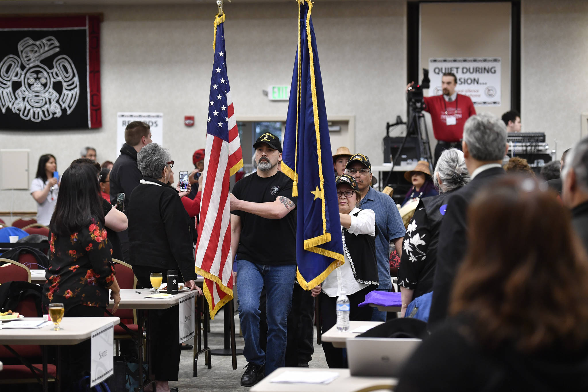 Southeast Alaska Native Veterans bring the colors during the opening of the three day 84th annual Tribal Assembly of the Central Council of Tlingit and Haida Indian Tribes of Alaska at the Elizabeth Peratrovich Hall on Wednesday, April 10, 2019. (Michael Penn | Juneau Empire)
