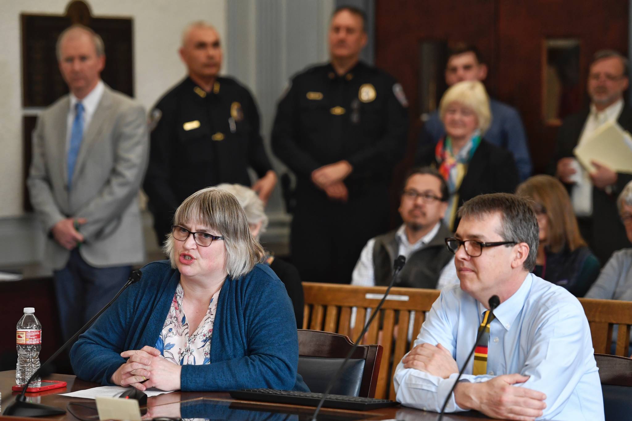Mayor Beth Weldon, left, and City Manager Rorie Watt testify on the operating budget in front of the Senate Finance Committee at the Capitol on Thursday, April 11, 2019. (Michael Penn | Juneau Empire)