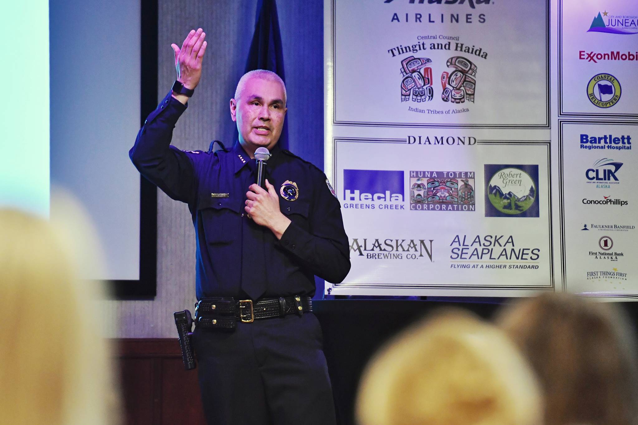 Juneau Police Chief Ed Mercer speaks to the Juneau Chamber of Commerce during its weekly luncheon at the Hangar Ballroom on Thursday, April 11, 2019. (Michael Penn | Juneau Empire)