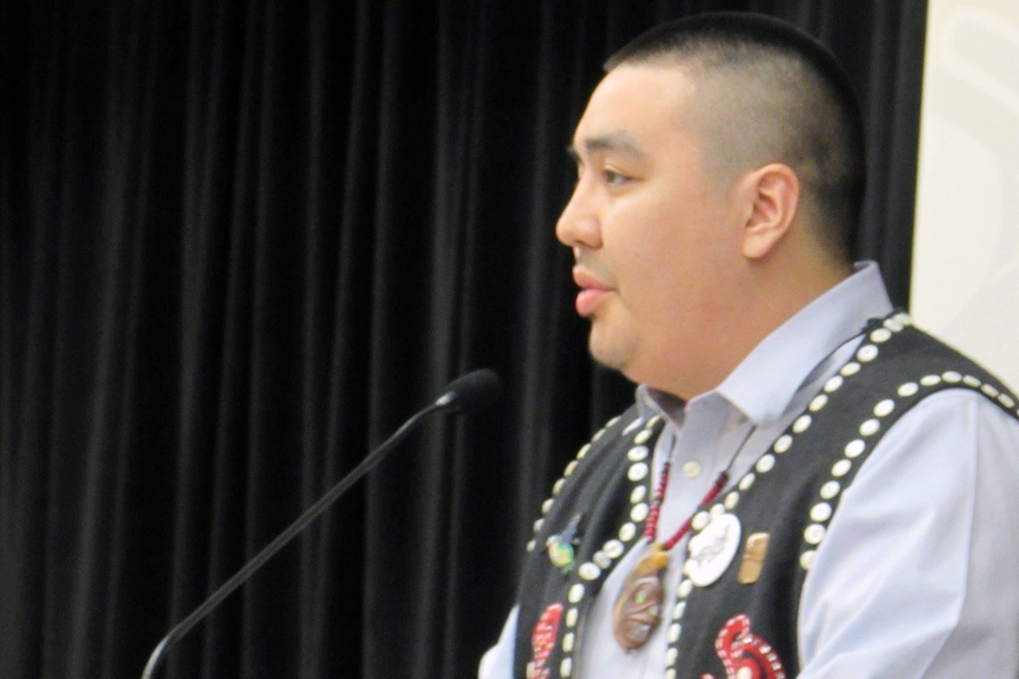 Shawaan Jackson-Gamble gives a short speech after being elected emerging leader during the last day of Central Council of Tlingit and Haida Indian Tribes of Alaska’s 84th annual Tribal Assembly, Friday, April 12, 2019. (Ben Hohenstatt | Juneau Empire)