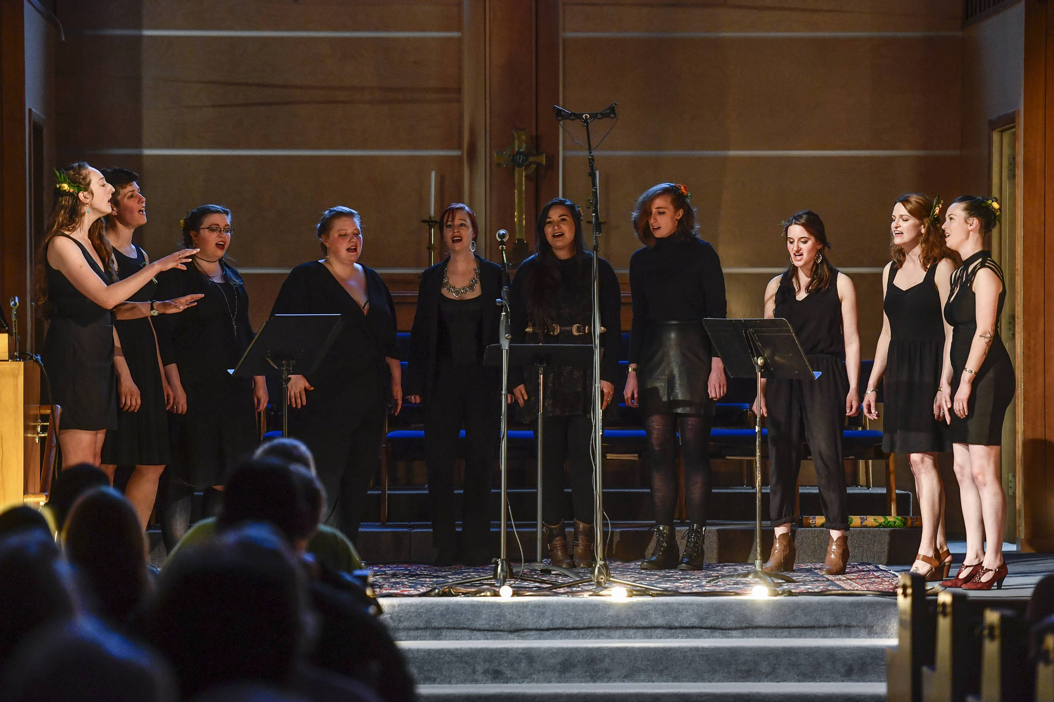 Queens, of Juneau, Alaska, perform a concert titled “A Night of Queens” at the Northern Light United Church on Thursday, April 11, 2019. Not in order, Queens is made up of Taylor Vidic, Elizabeth Ekins, Cate Ross, Asia Ver, Andria Budbill, Rashah McChesney, Zoe Grueskin, Marian Call, Wendy Byrnes and Jess Skiba. (Michael Penn | Juneau Empire)