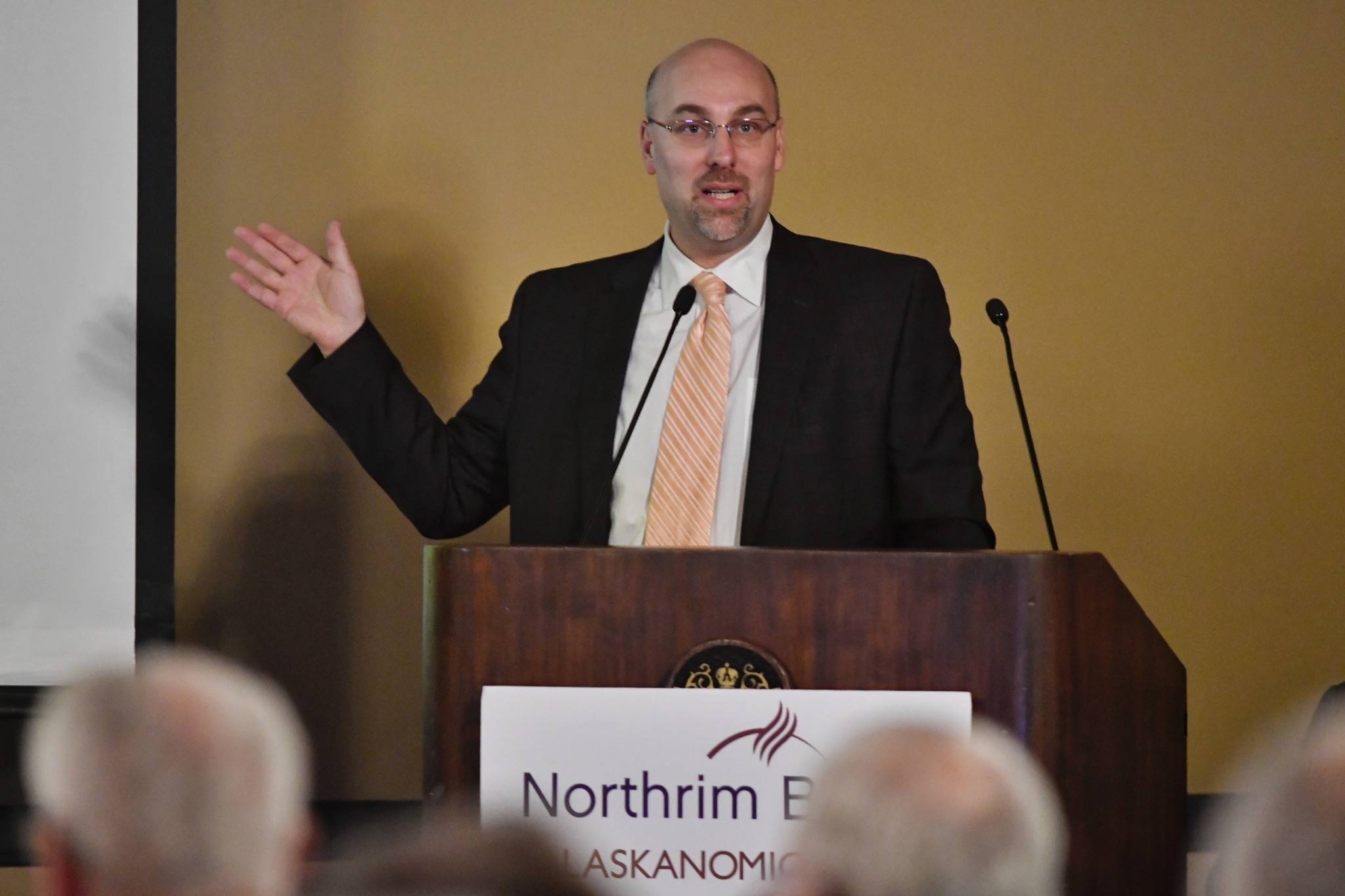 Mark Edwards, an economist with Northrim Bank, speaks about the health of Alaskas economy during the 2019 Alaska Economic Luncheon sponsored by Northrim Bank at the Baranof Hotel on Monday, April 15, 2019. (Michael Penn | Juneau Empire)