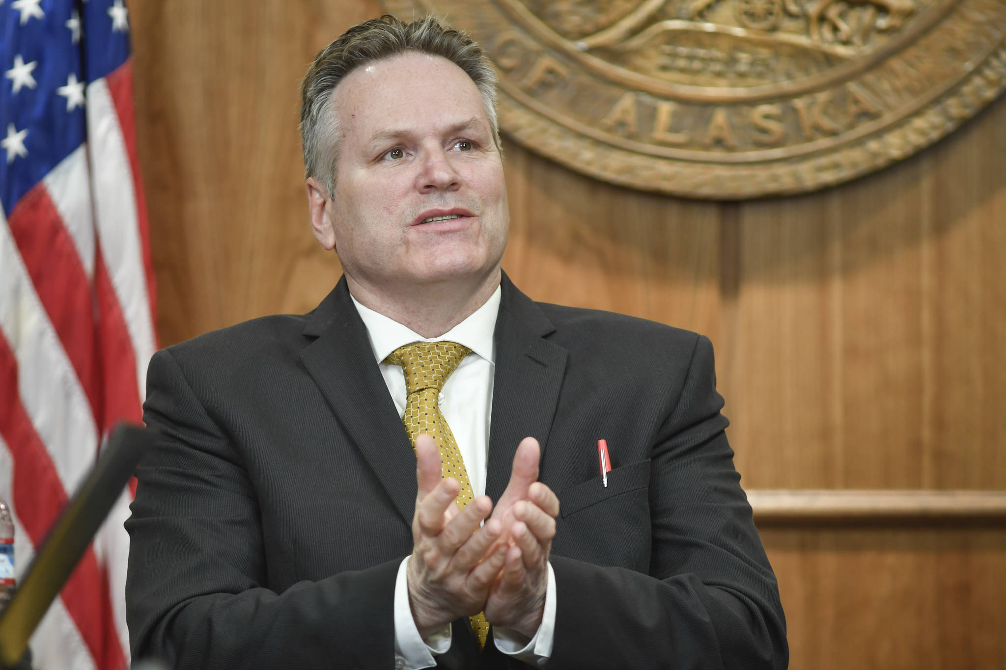 Gov. Mike Dunleavy speaks during a press conference at the Capitol on Tuesday, April 9, 2019. (Michael Penn | Juneau Empire)