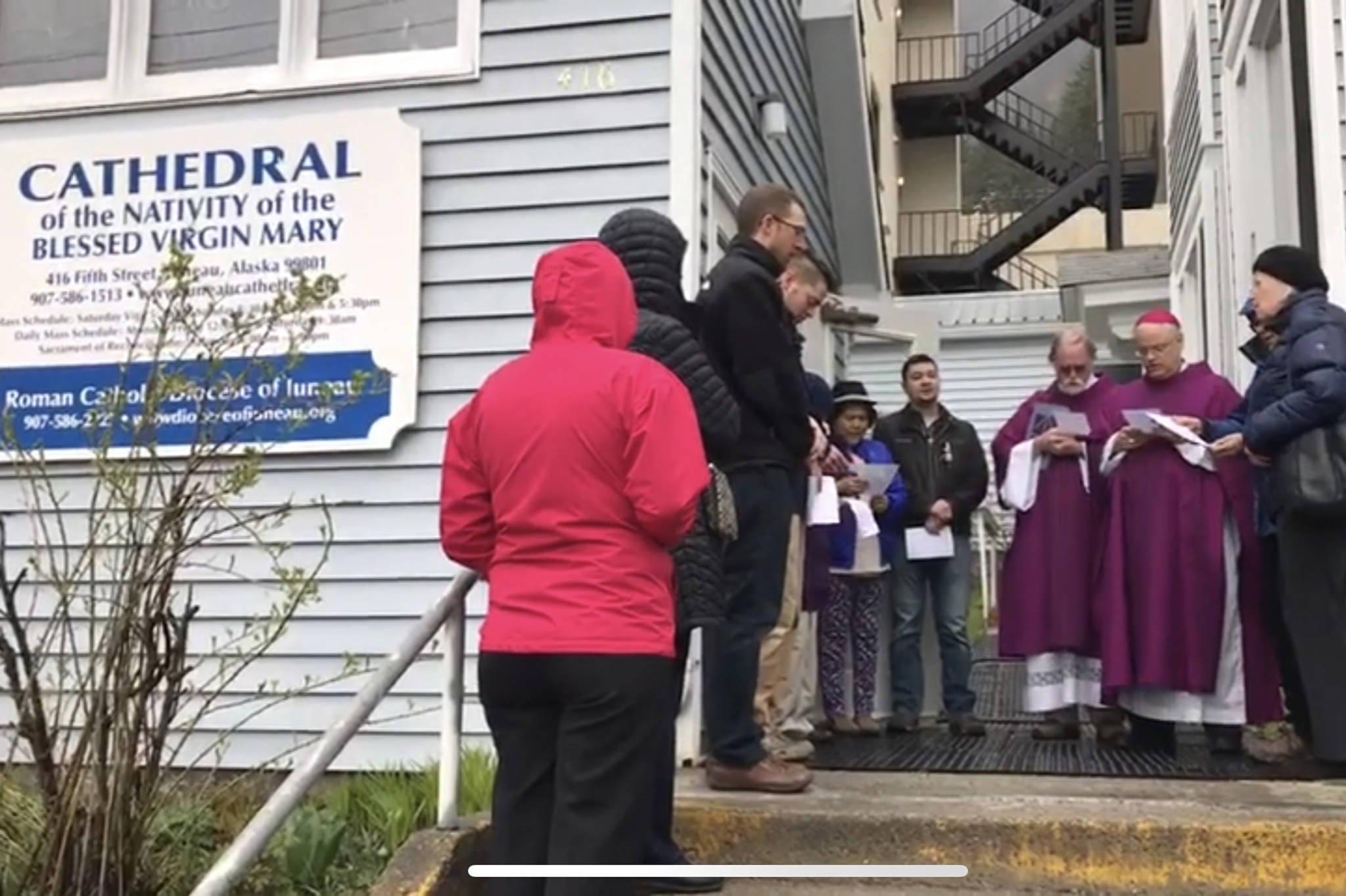 Bishop Andrew Bellisario holds a short prayer at the Cathedral of the Nativity of the Blessed Virgin Mary in downtown Juneau on Wednesday, April 17, 2019. (Michael Penn | Juneau Empire)
