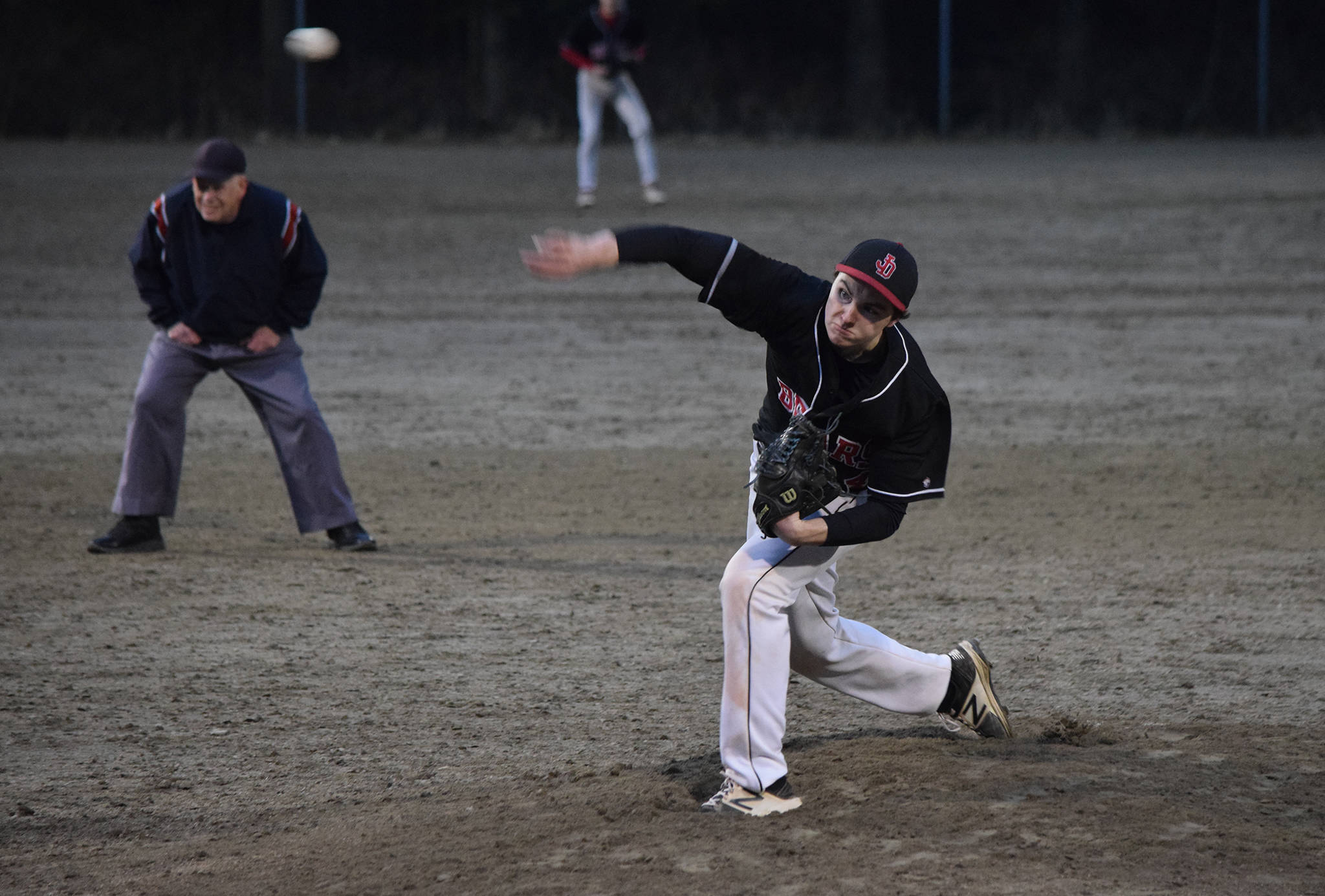Juneau-Douglas High School’s Brock McCormick pitches against Thunder Mountain in a Southeast Conference game at Adair-Kennedy Memorial Park on Saturday, April 20, 2019. JDHS split a double header against TMHS. (Nolin Ainsworth | Juneau Empire)