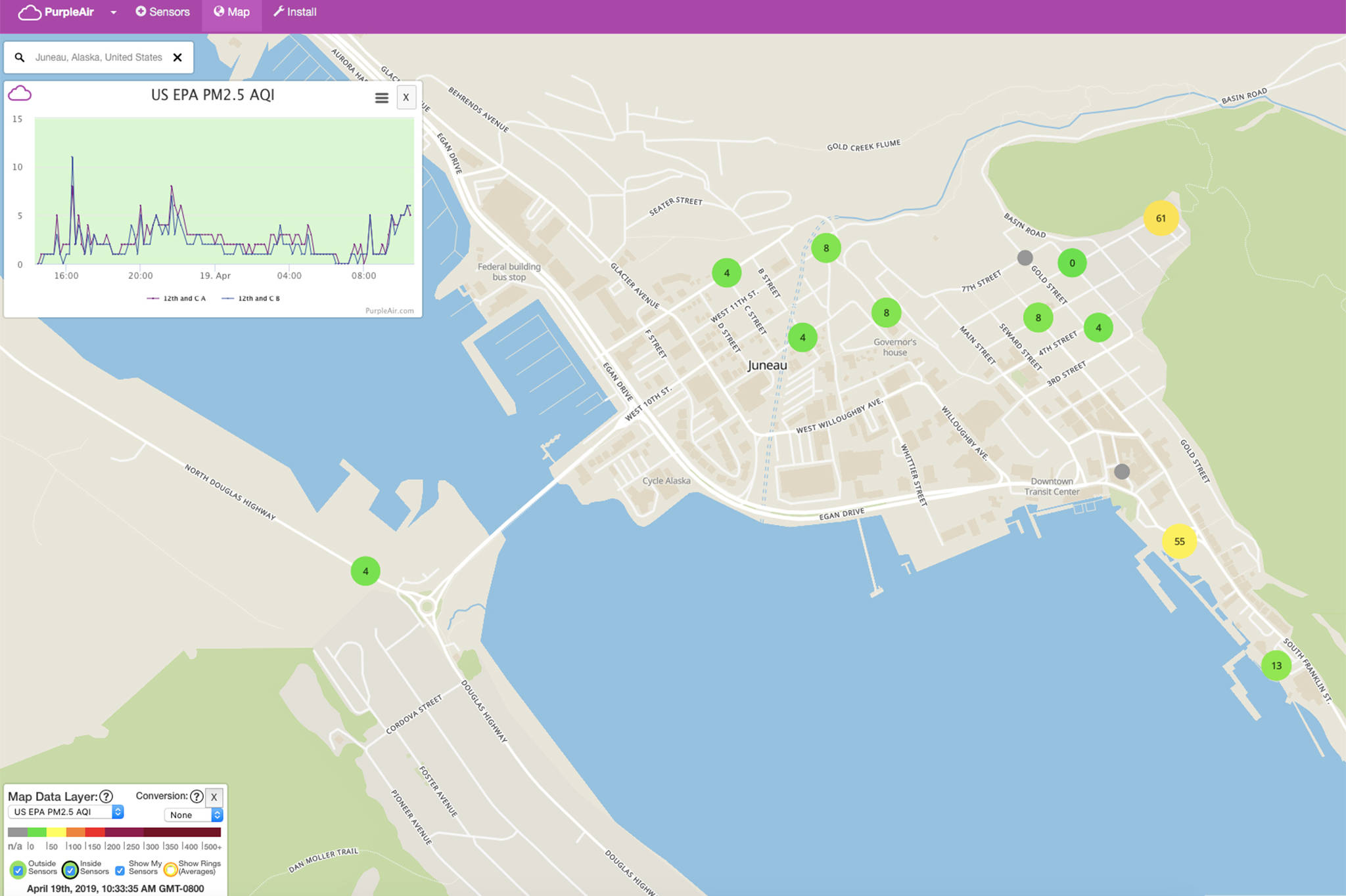 Data from monitors used in an ambient air study in Juneau is displayed in real time online in this screenshot taken the morning of Friday, April 19, 2019. Eventually, data from 21 air monitors clustered around downtown should be available.