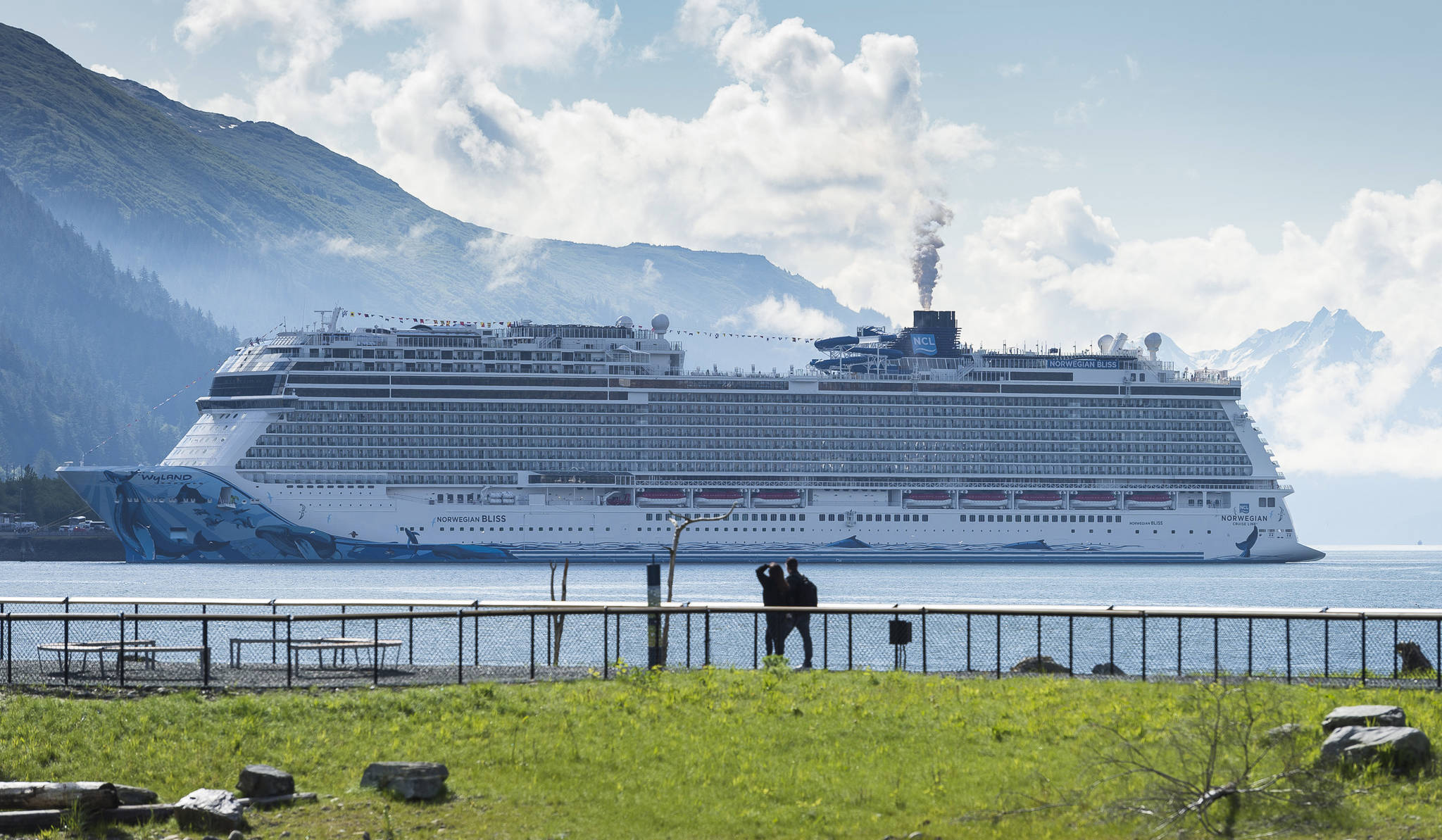 In this June 5, 2018 photo, the megaship Norwegian Bliss docks in Juneau for the first time. (Michael Penn | Juneau Empire File)