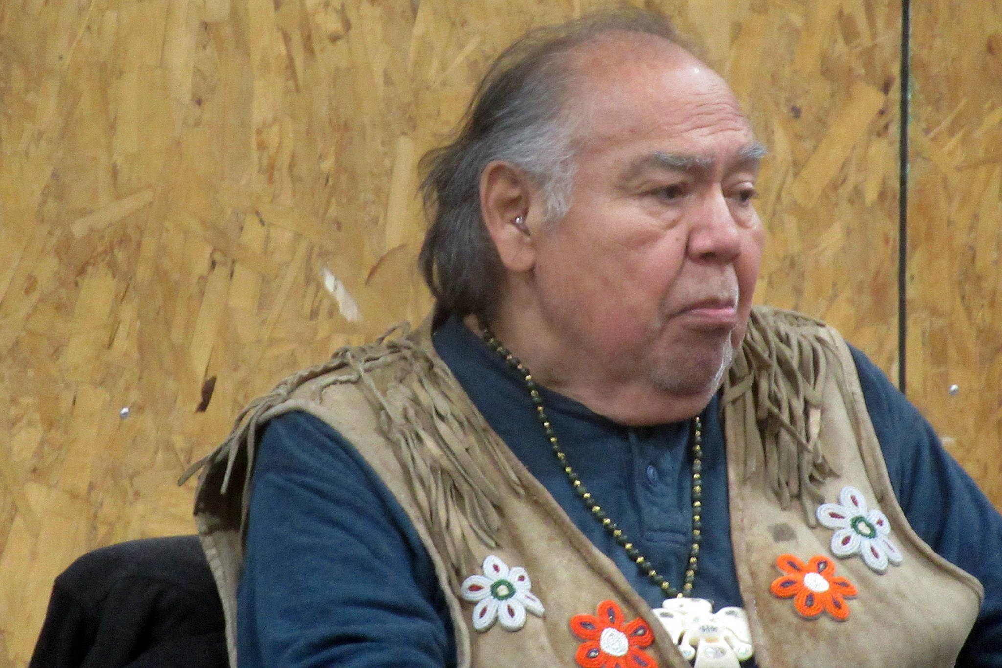 David Kingeistí Katzeek, a Tlingit elder who helps with Tlingit Culture, Language and Literacy program, speaks during a program open house, Monday, April 22, 2019. (Ben Hohenstatt | Juneau Empire)