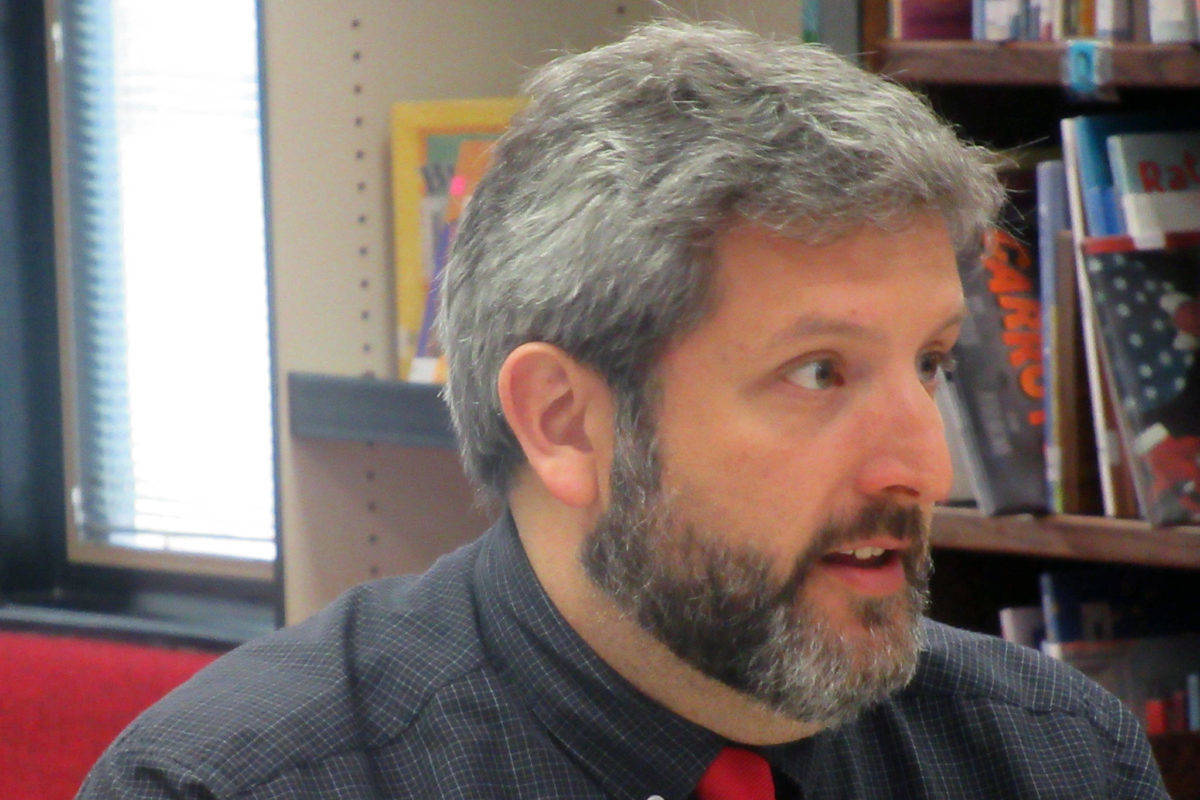 Nathan Coutsoubos, currently a principal for White Pass Elementary School in Randle, Washington, interviews to be the principal for Mendenhall River Community School, Thursday, April 18, 2019. He was offered the position but turned it down. (Ben Hohenstatt | Juneau Empire)