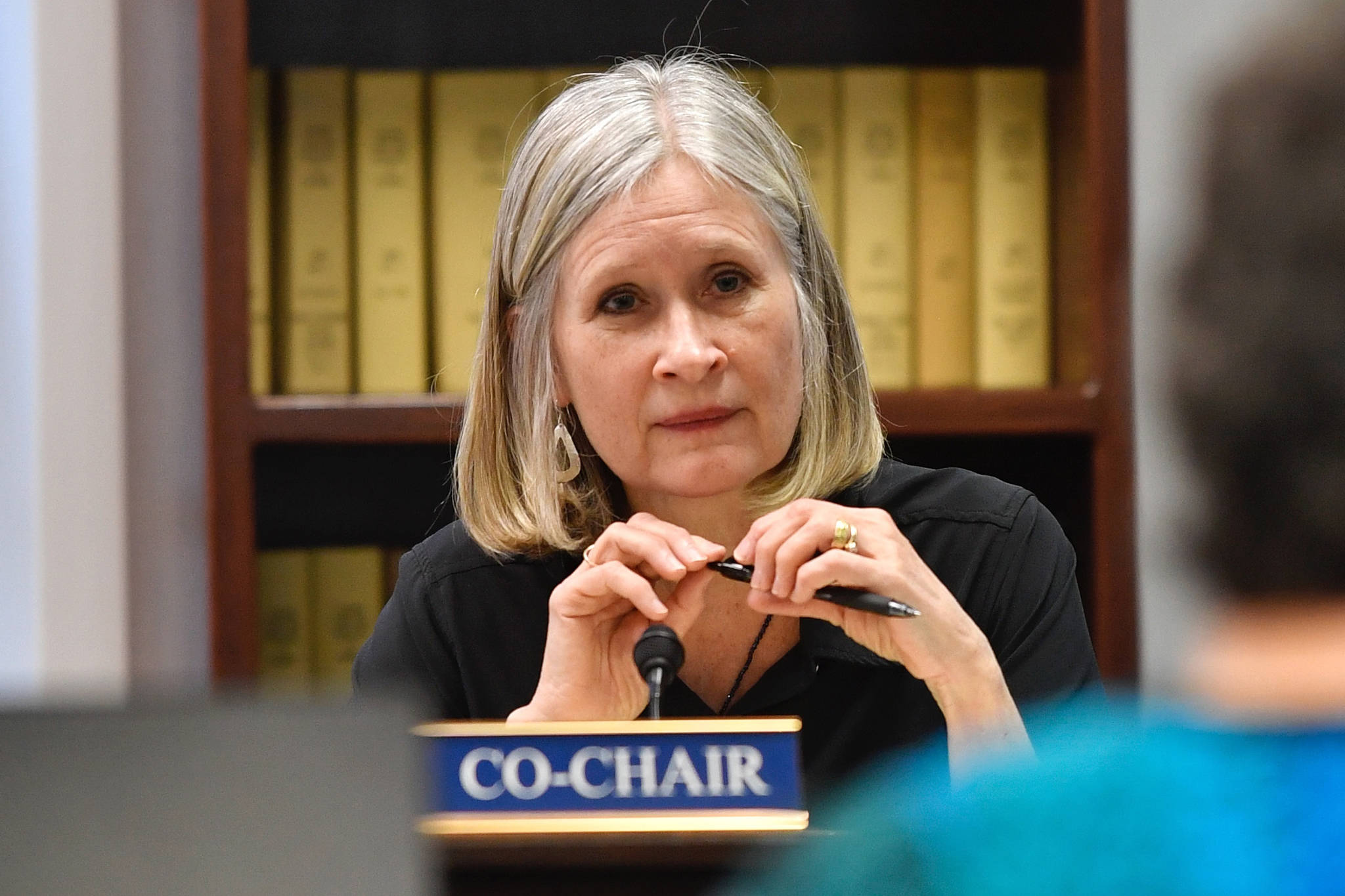 Rep. Andi Story, D-Juneau, listens to Patience Frederiksen, State Librarian and Head of Library Developement, during a hearing for House Bill 75 on increasing school internet speed at a House Education Committee meeting on Monday, April 1, 2019. (Michael Penn | Juneau Empire)