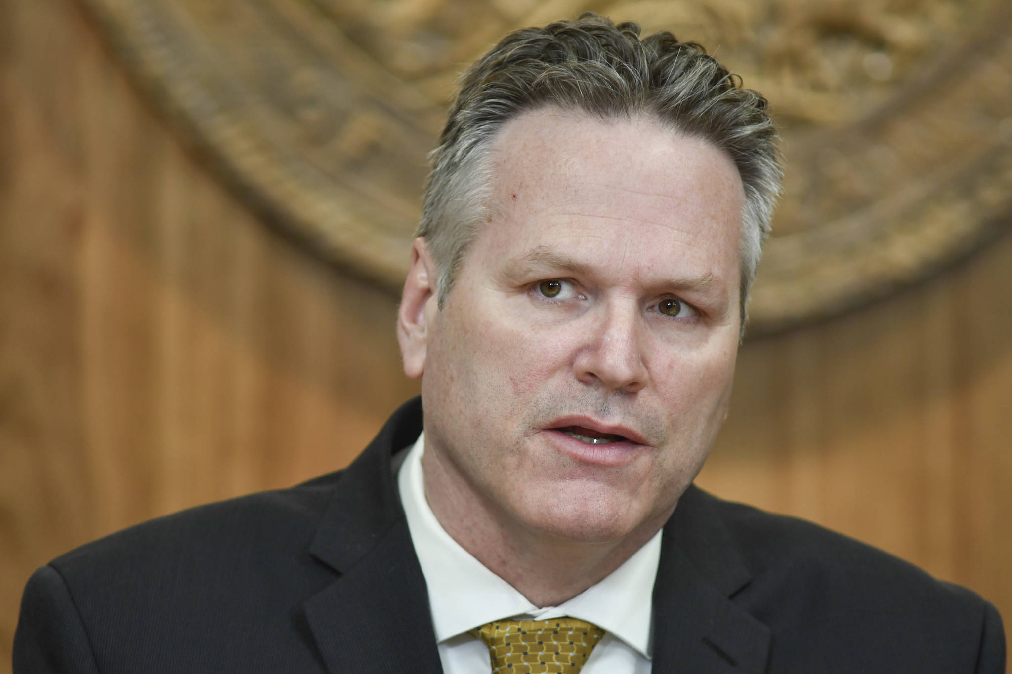 Gov. Mike Dunleavy speaks during a press conference at the Capitol on April 9, 2019. (Michael Penn | Juneau Empire File)