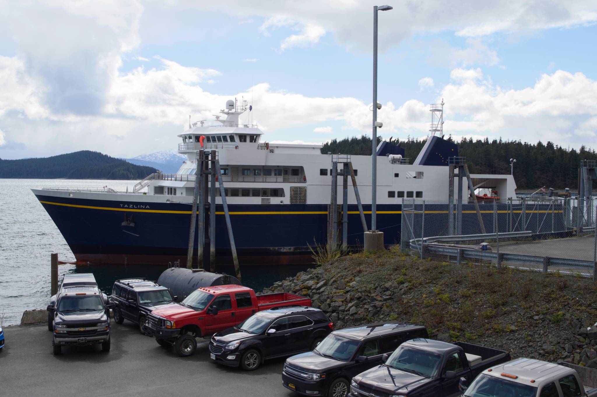 The Alaska Marine Highway ferry Tazlina at the Juneau terminal on Wednesday, April 24, 2019. (Michael Penn | Juneau Empire)